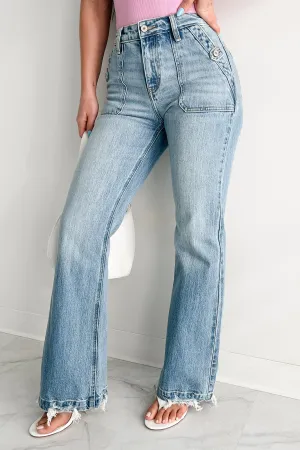 Eco Friendly Fabric Durable Overlock Stitch Fitzgerald High Rise Wide Flare Kancan Jeans (Medium)