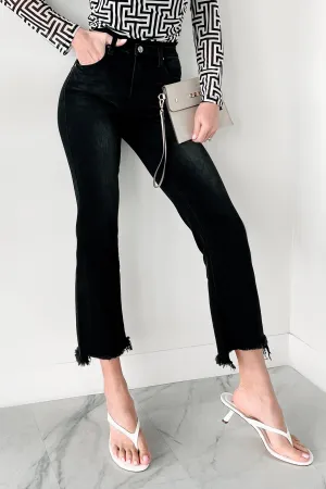 Cool Weather Stormy Weather Risen Black Washed Cropped Frayed Bootcut Jeans (Black)