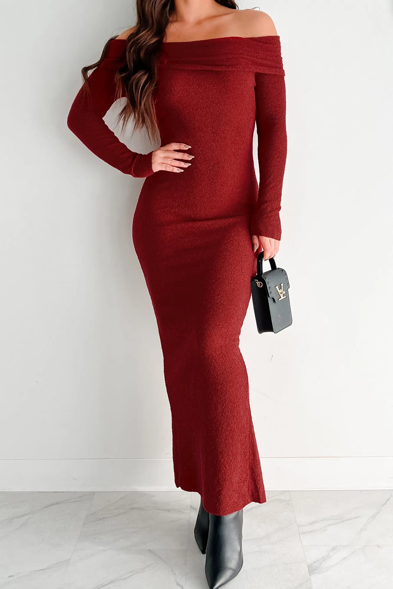 Lovely Words Off The Shoulder Maxi Dress (Burgundy) Stage Ready