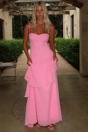 Anais Tiered Ruffle Maxi Dress - Pink This dress features a classic design that works well for both day and night wear