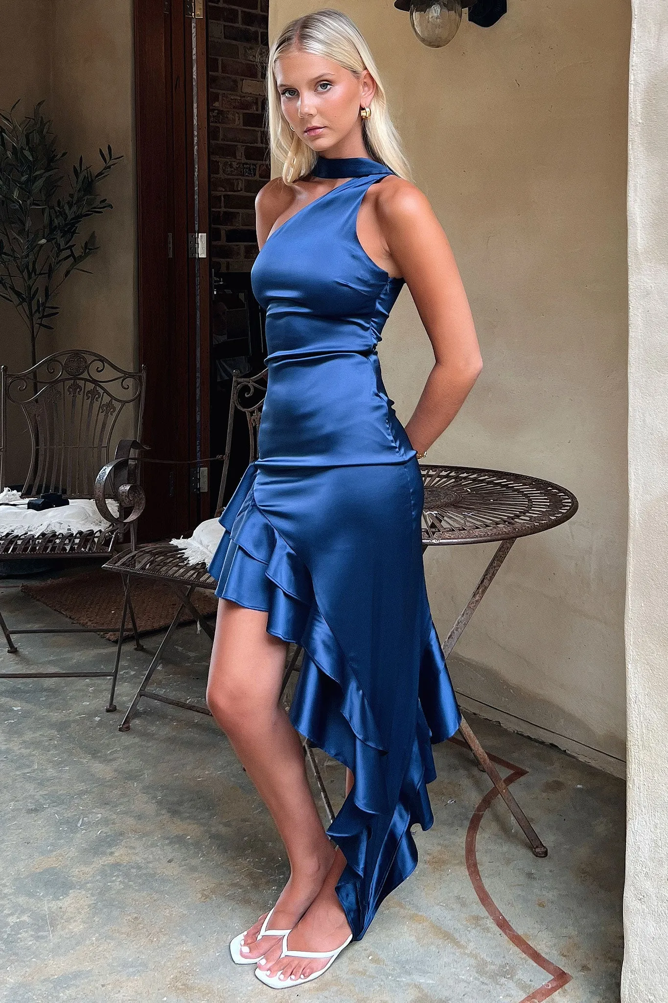 Kara One Shoulder Satin Maxi Dress - Navy Applique Glow Amber Shine