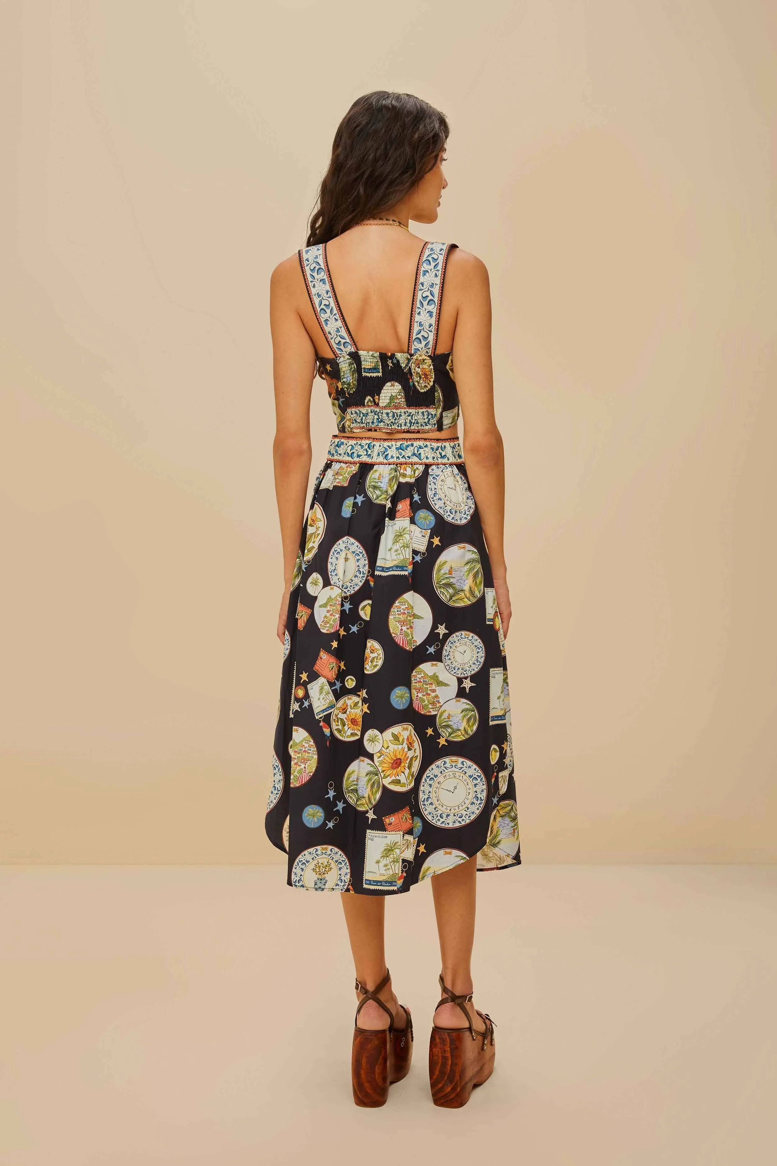 Black Trip Souvenir Organic Cotton Midi Skirt Elasticized Hem Creative Layering