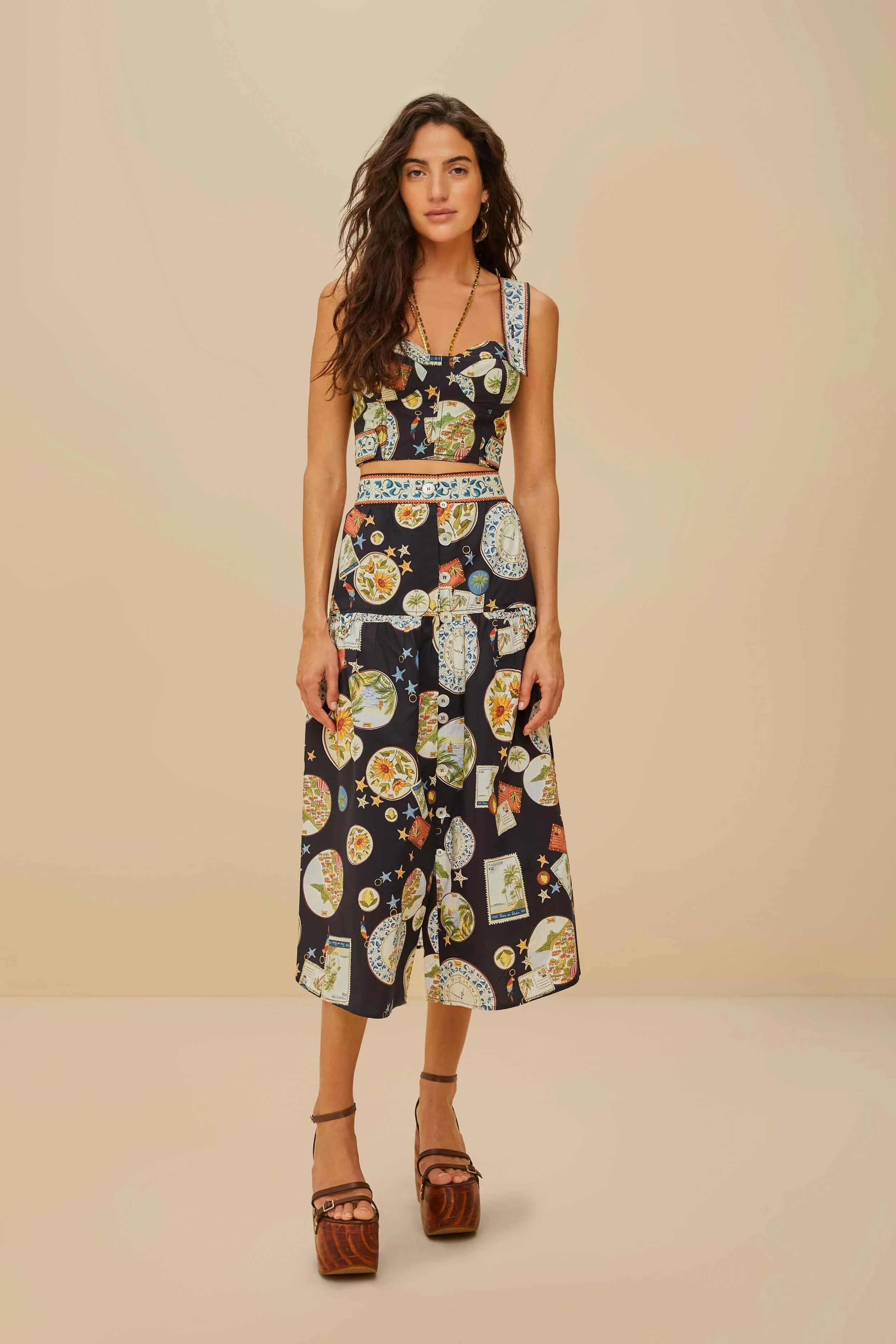 Vibrant Flow Black Trip Souvenir Organic Cotton Midi Skirt