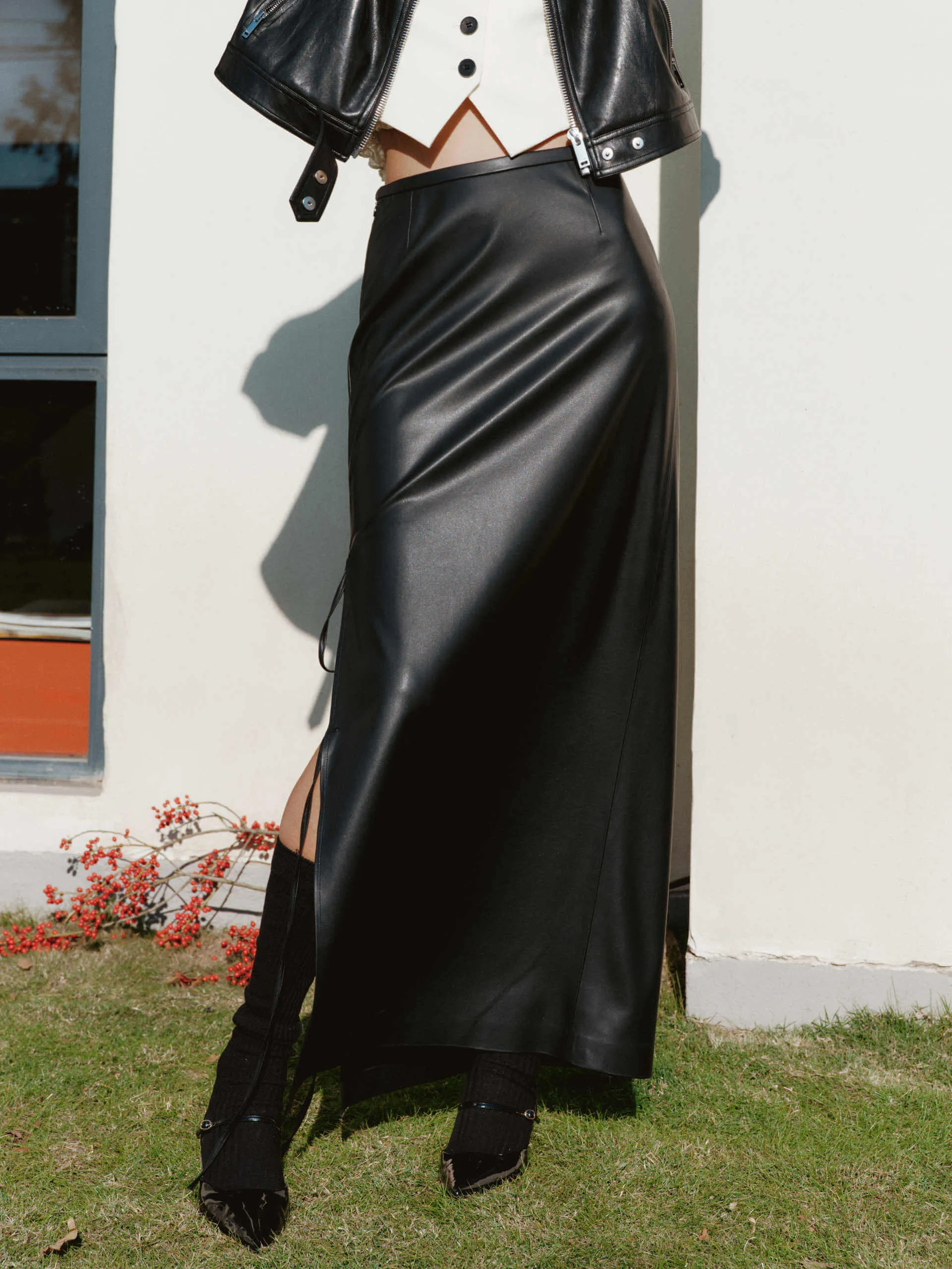 Ethically Made Side Slit PU Leather Skirt