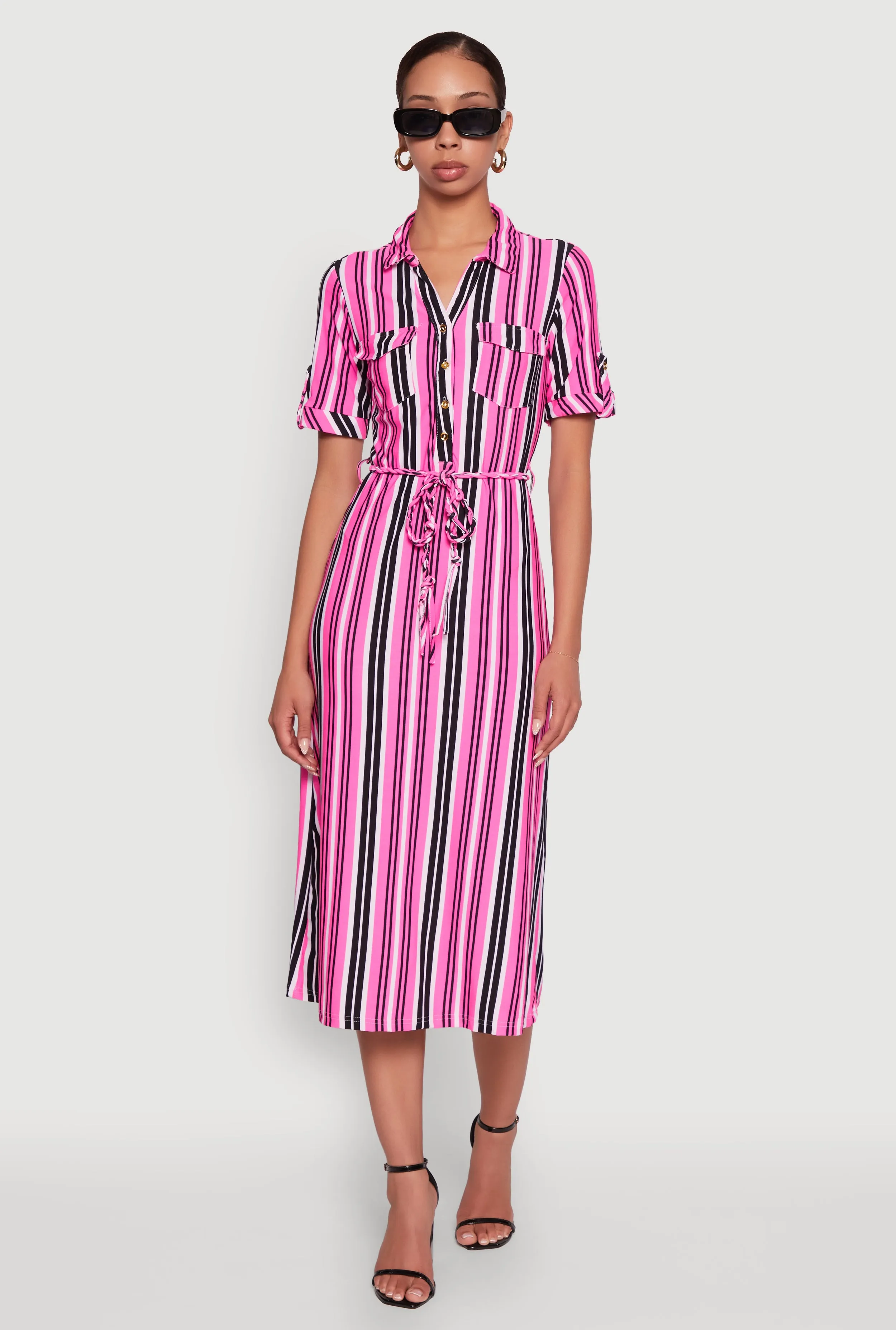 Trendy Half Button Tie Waist Striped Midi Shirt Dress Winter Snow