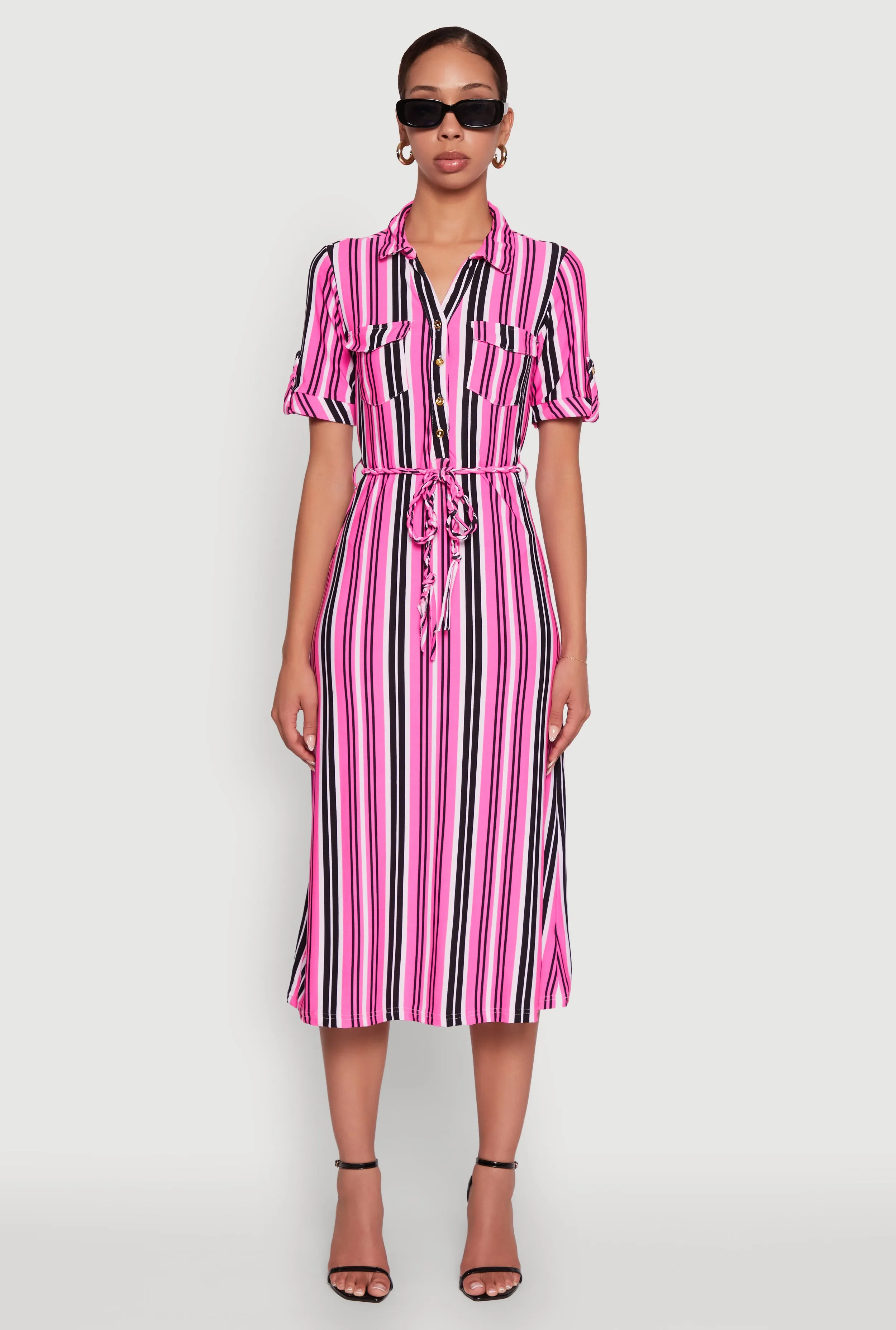 Classic event dress Trendy Half Button Tie Waist Striped Midi Shirt Dress
