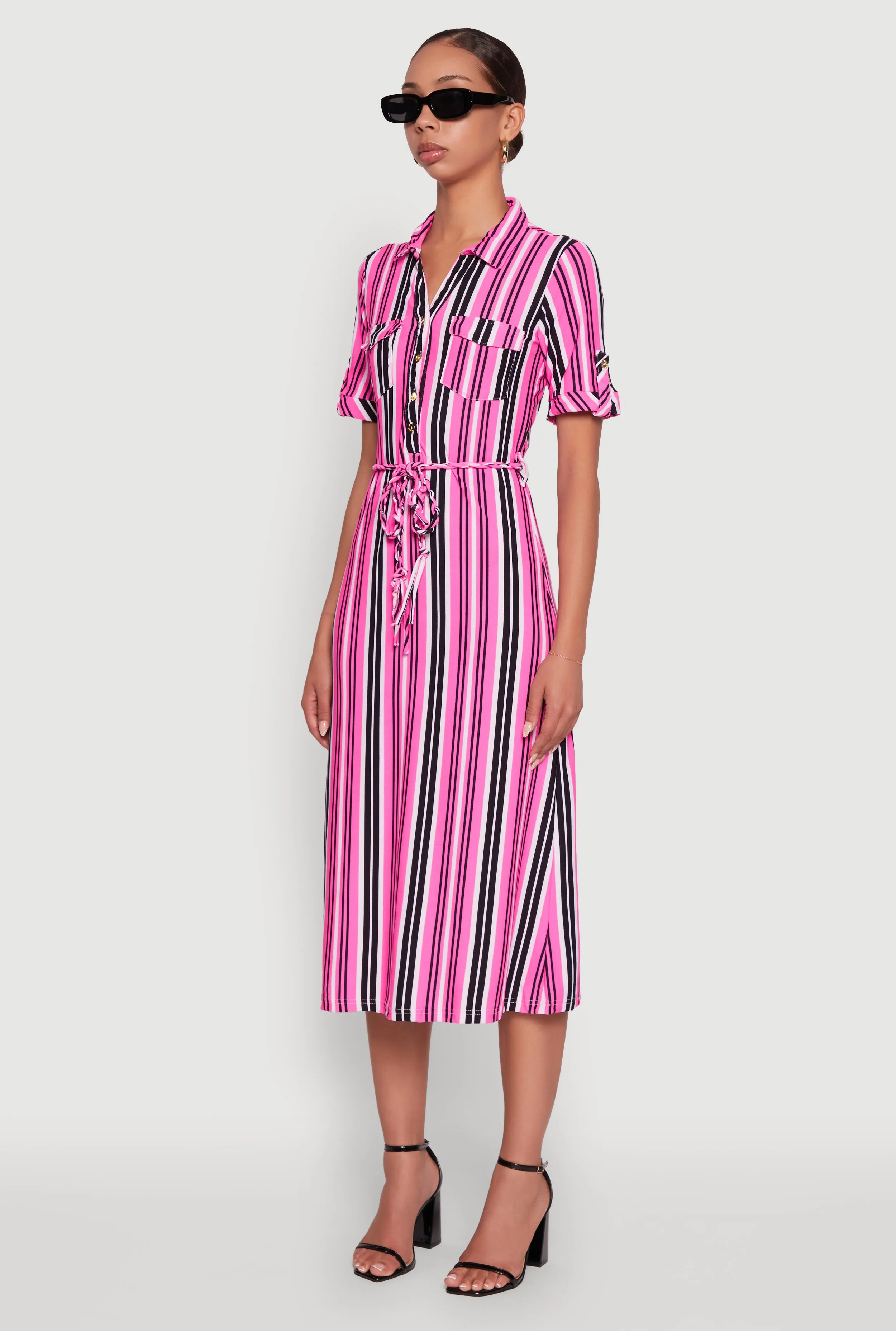 Street Chic Polished Style Trendy Half Button Tie Waist Striped Midi Shirt Dress