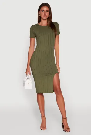 Day-to-Night Look Harbor Light Ribbed Knit Shadow Stripe Midi T-Shirt Dress