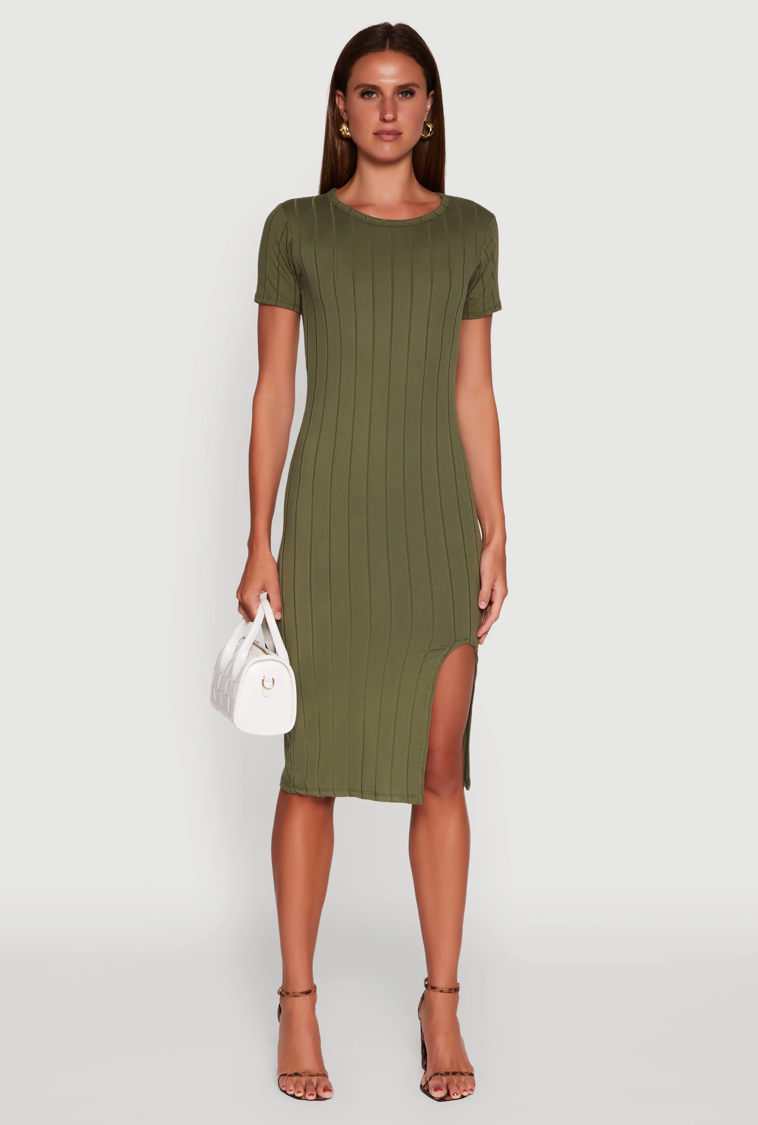 Ribbed Knit Shadow Stripe Midi T-Shirt Dress casual outing Comfortable Cut