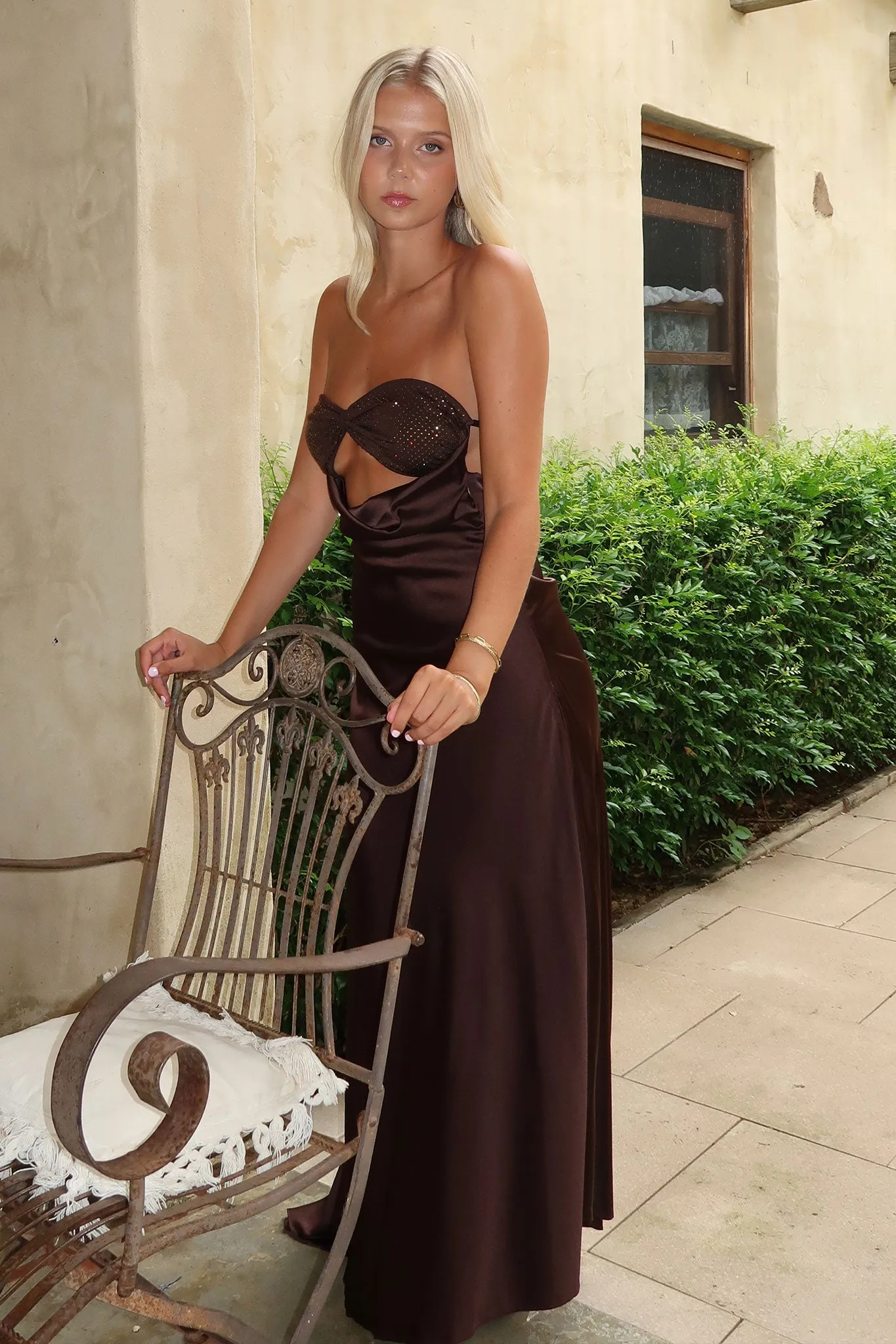 Thora Strapless Satin Maxi Dress - Brown Elegant formal maxi