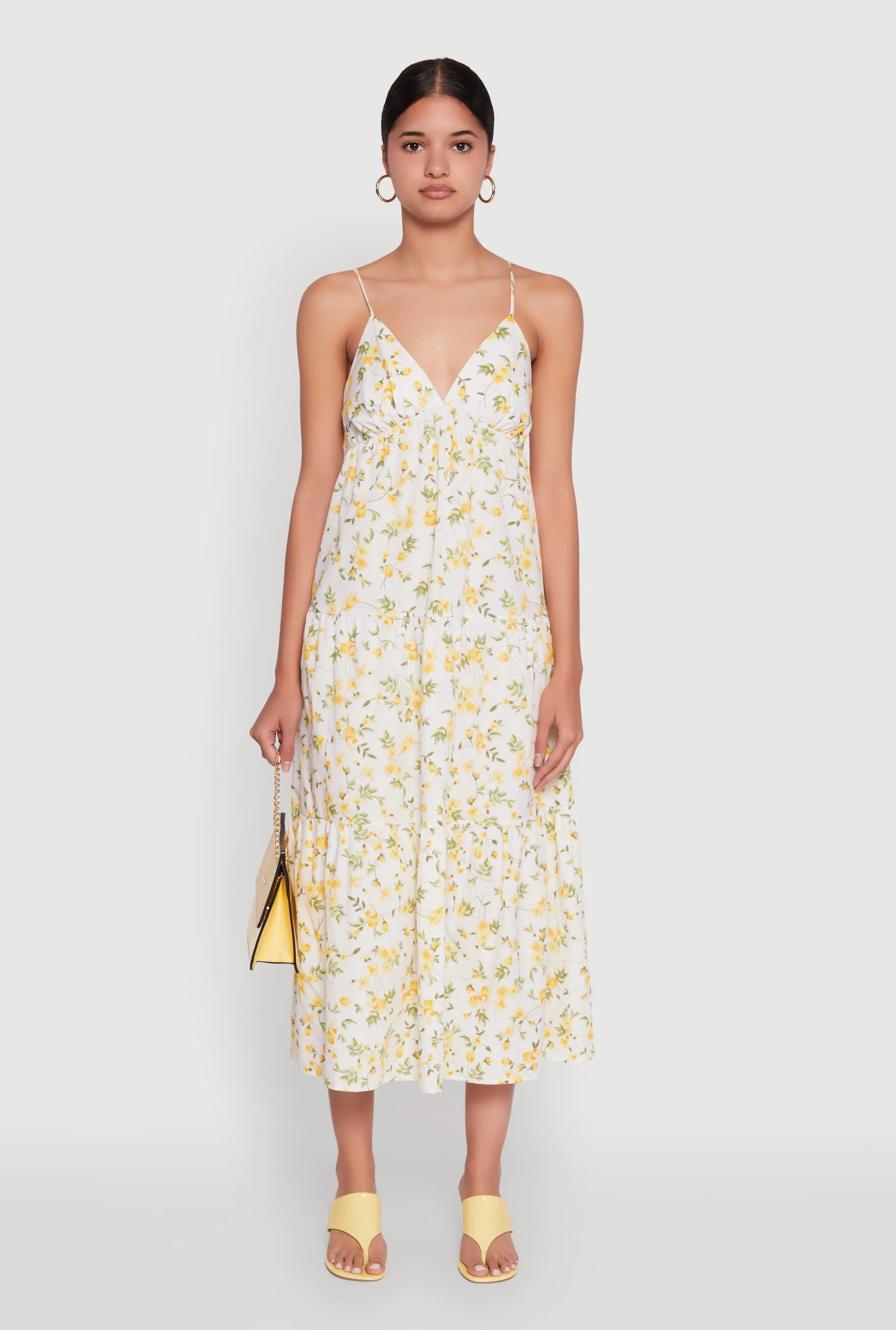 Haute Monde Floral Tiered Midi Dress Midi dress with waist tie