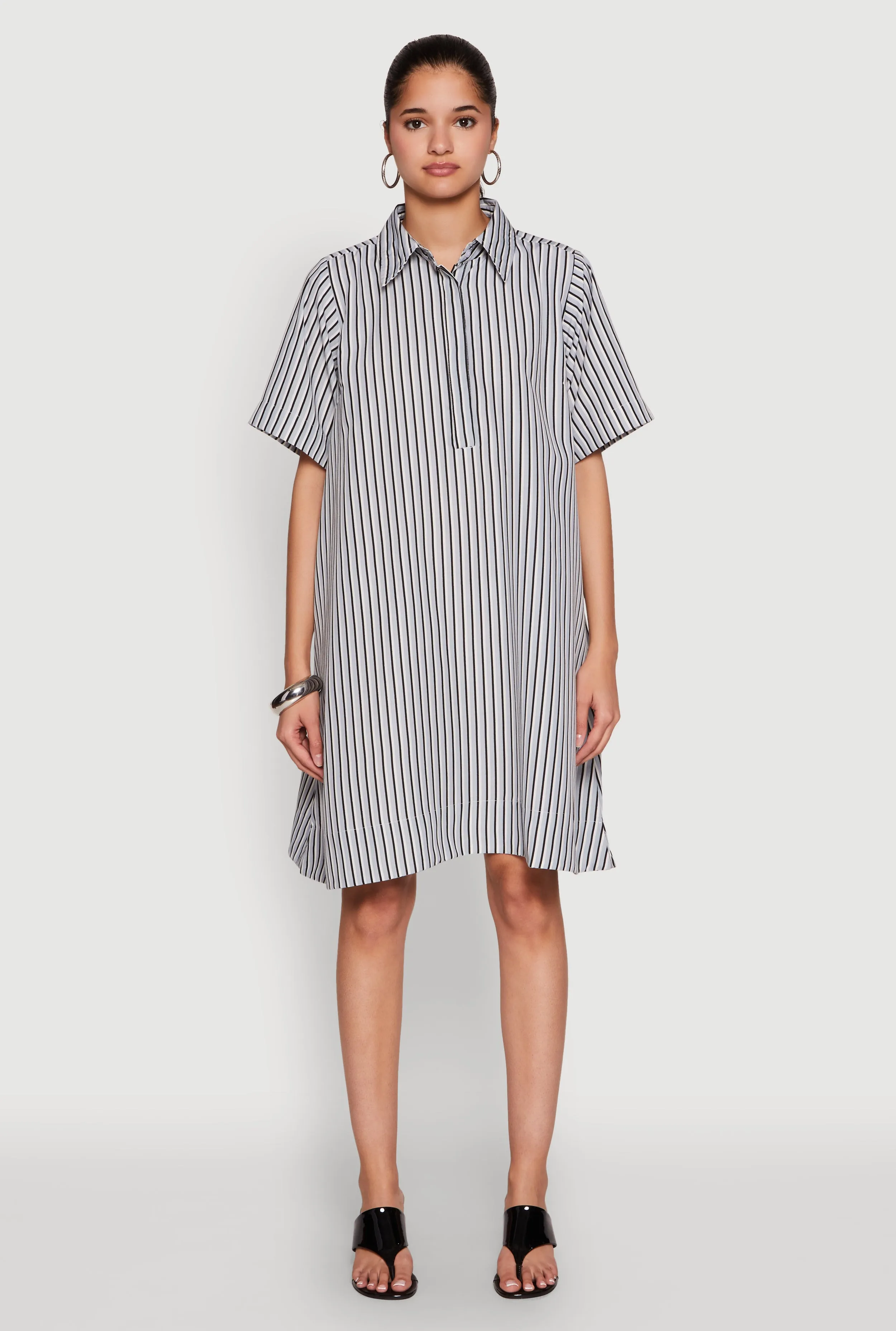 Gem Shine Striped Henley Shirt Dress