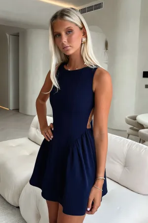 Adeline Lace up Back Mini Dress - Navy Shine Warm