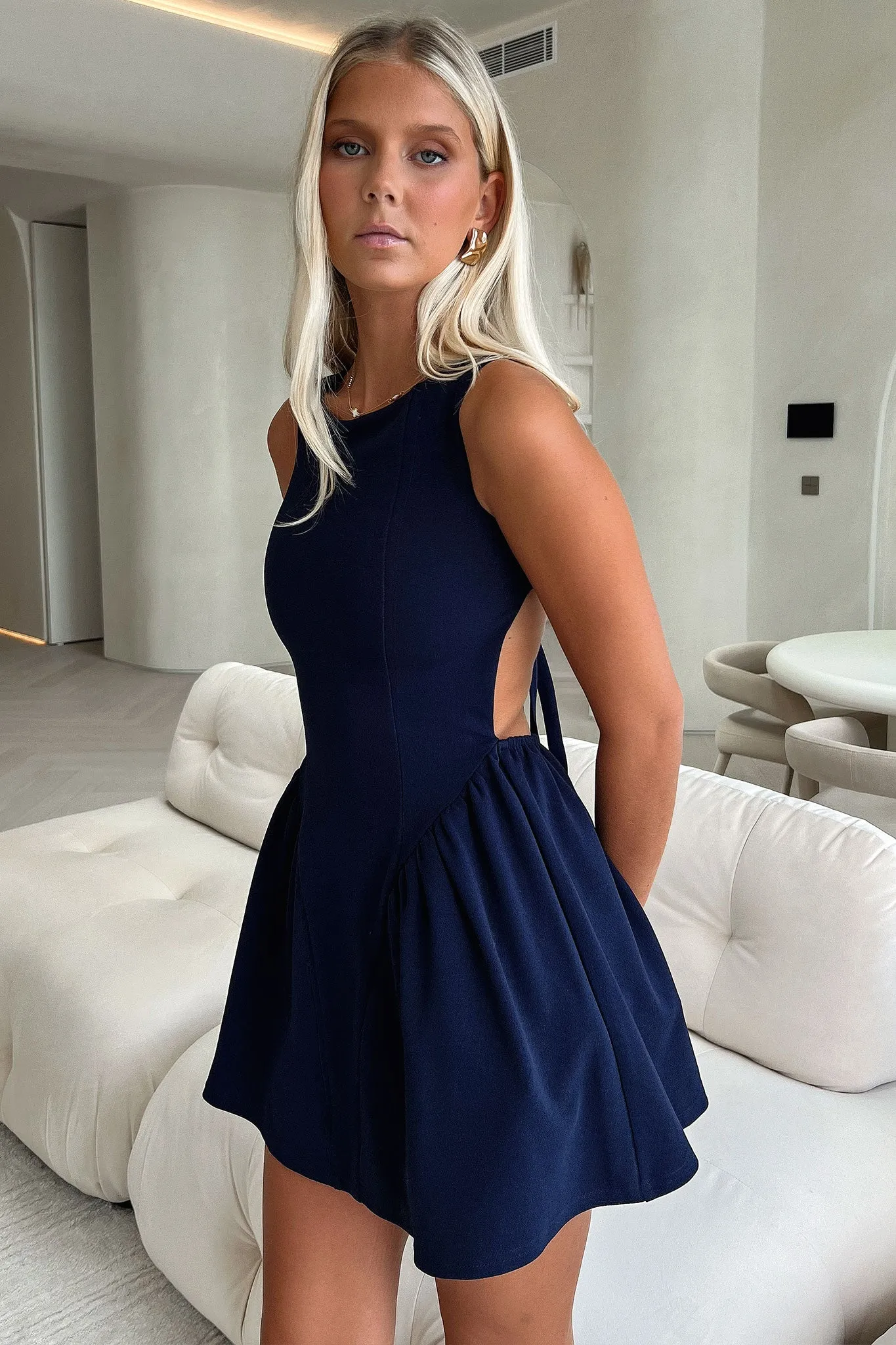 Adjustable Ties Adeline Lace up Back Mini Dress - Navy