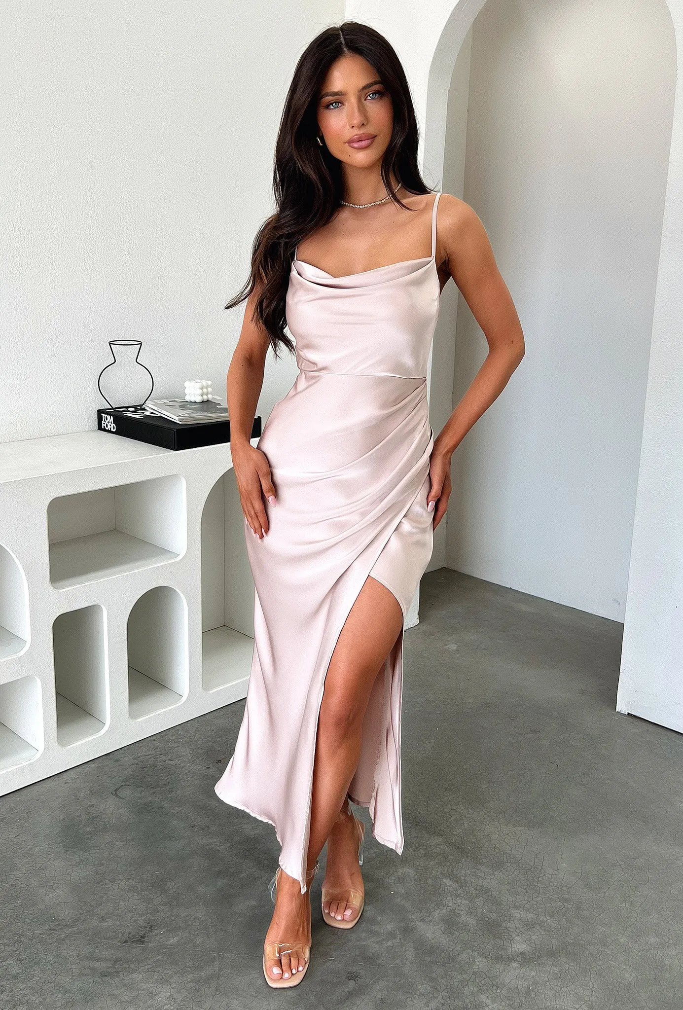 Evelyn Satin Cowl Neck Midi Dress - Champagne Batiste Glow