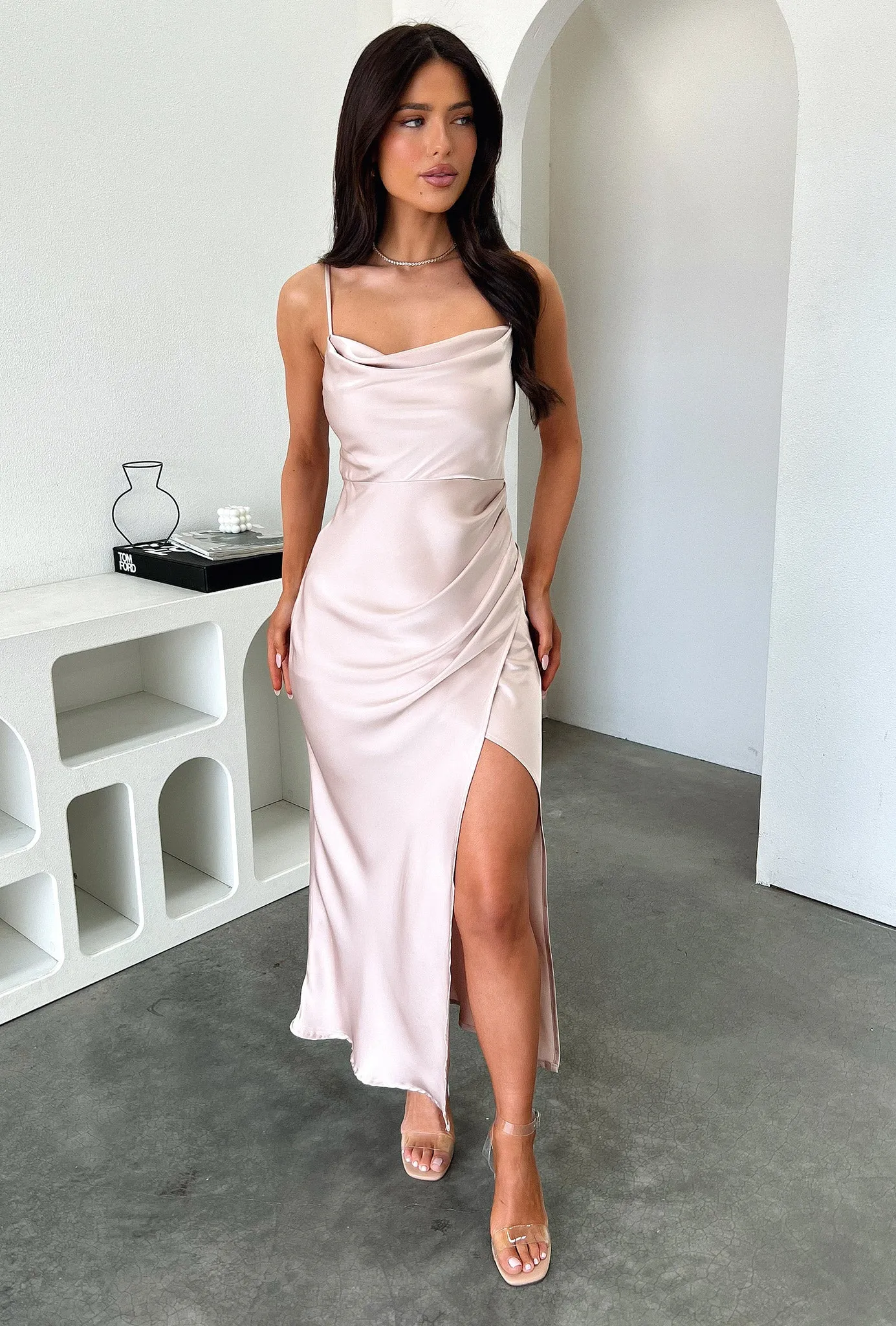 Evelyn Satin Cowl Neck Midi Dress - Champagne Trendy evening gown for parties