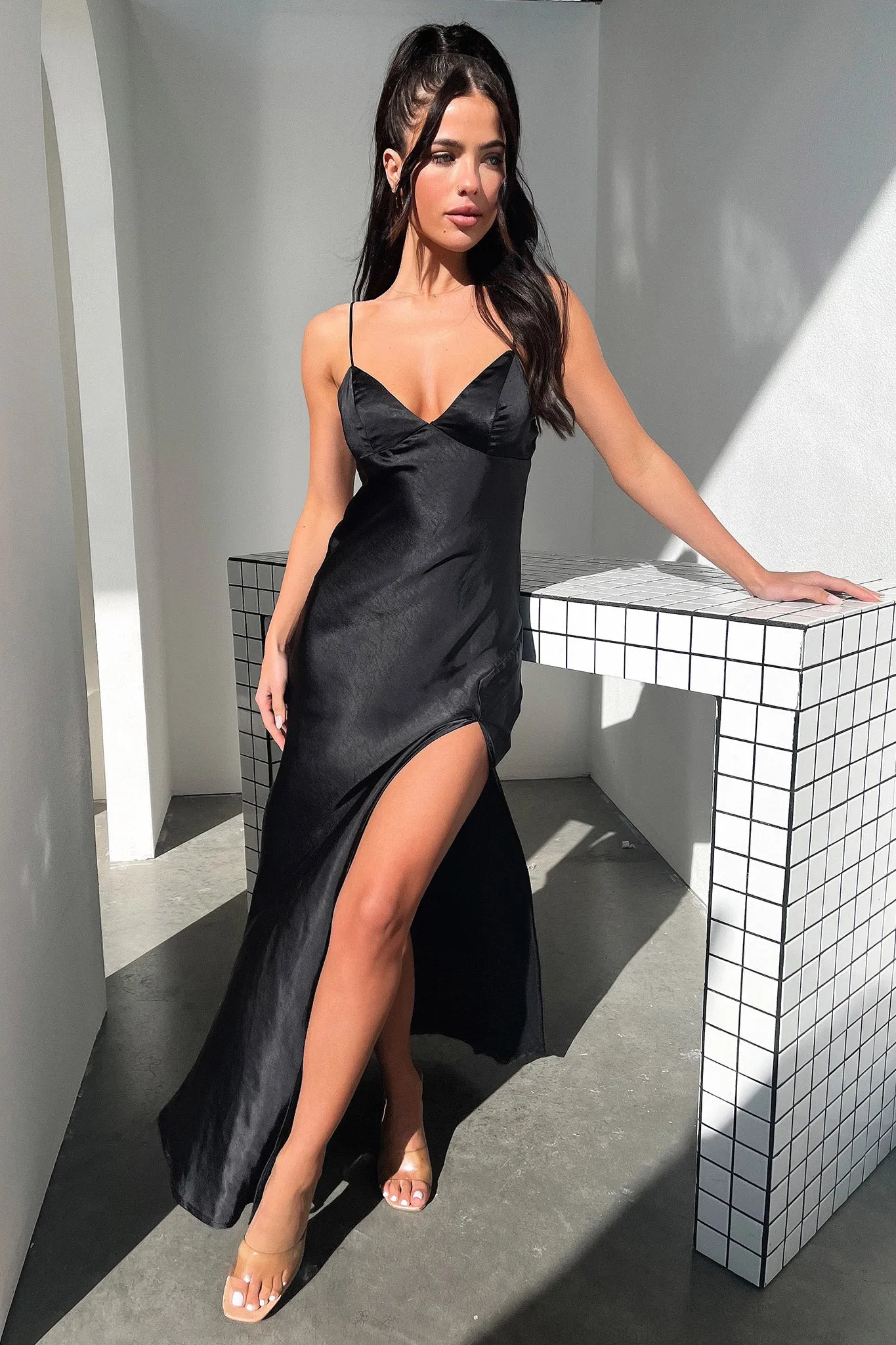 Shimmer Light River Walk Jennifer Satin Maxi Dress - Black