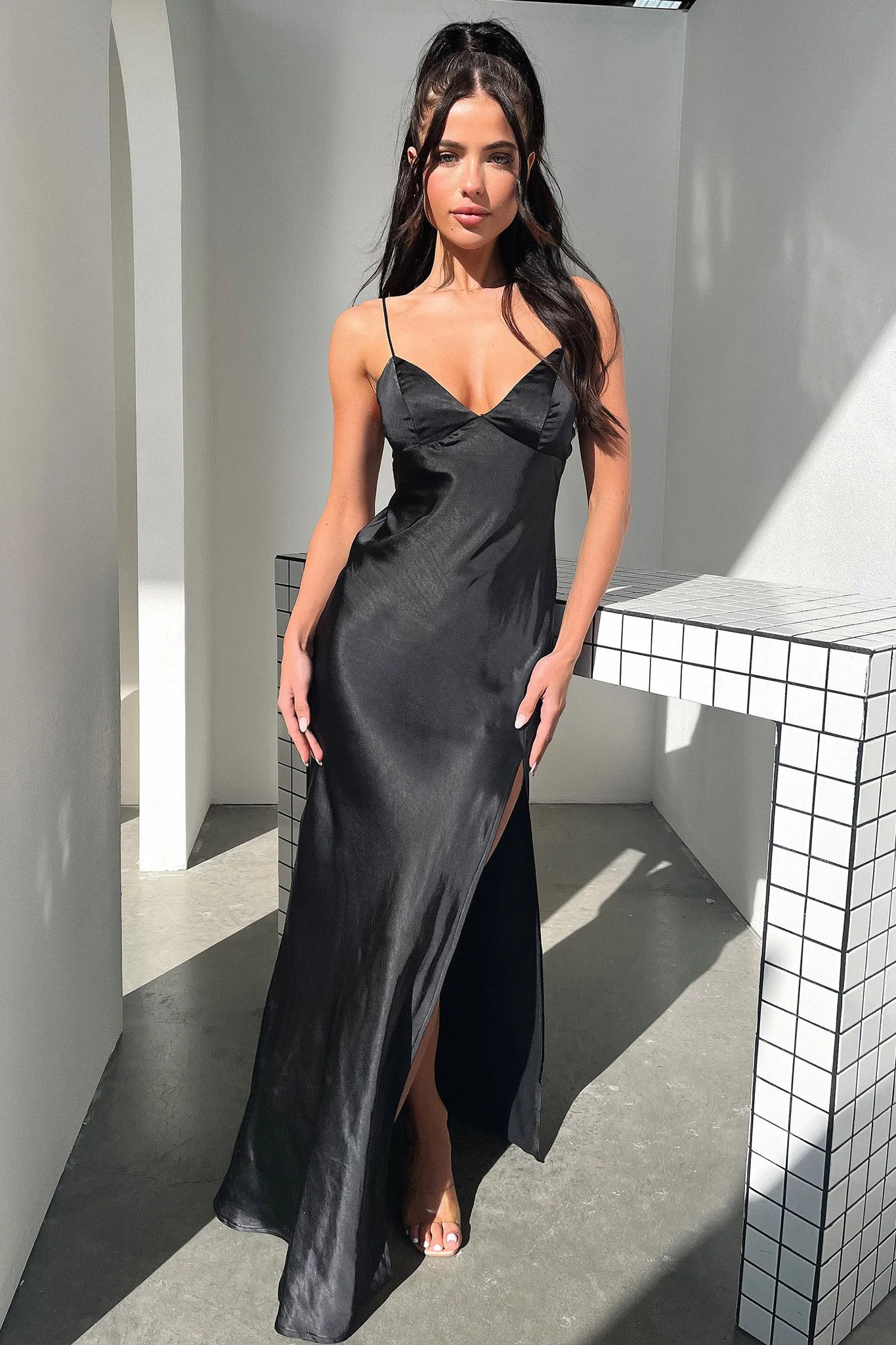 Jennifer Satin Maxi Dress - Black Wave Dance Wood Bridge