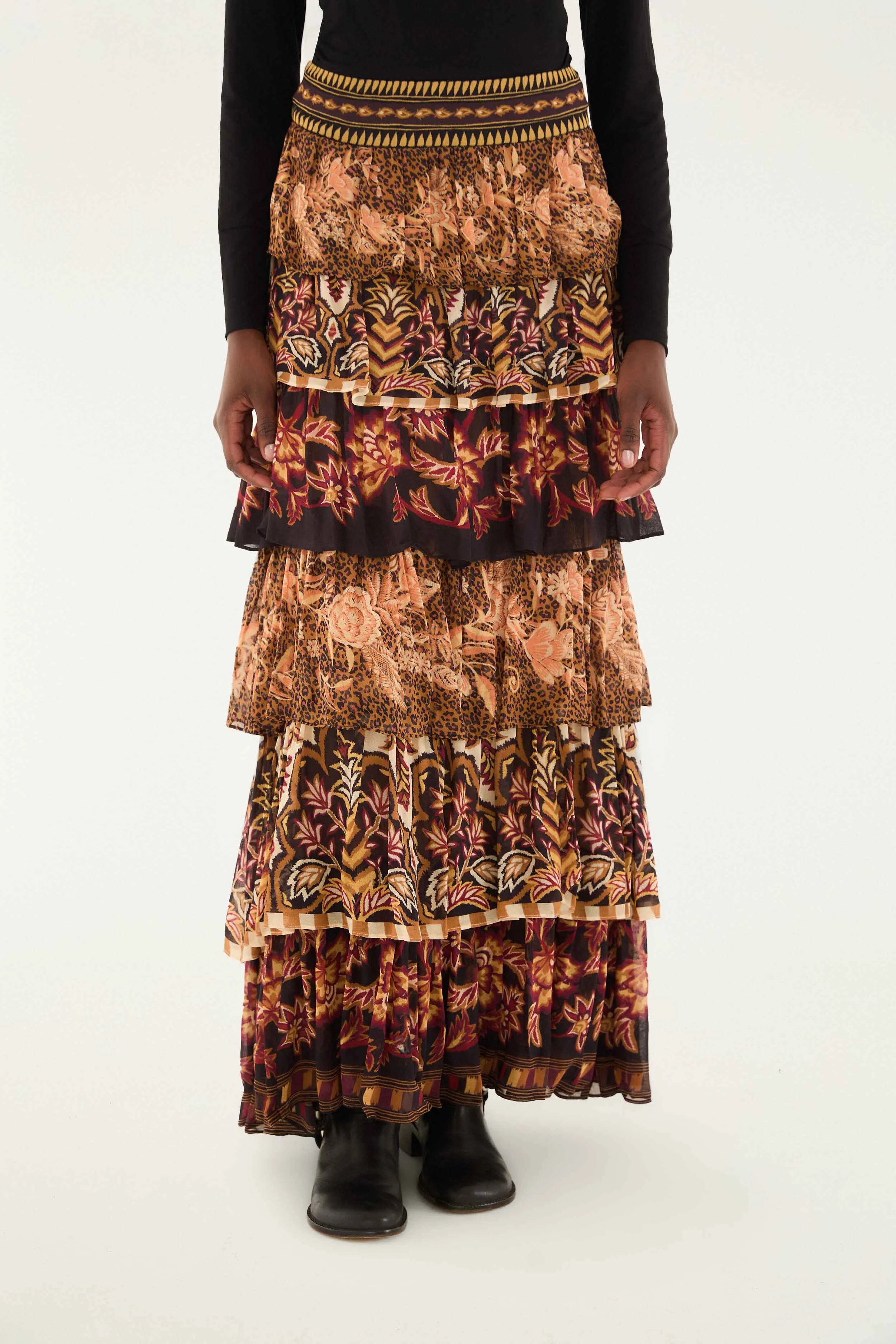 Non Irritating Texture Moisture Wicking Textile Mixed Scarves Ruffled Maxi Skirt