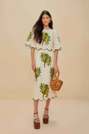 Off-White Maracana Bird Euroflax? Premium Linen Midi Skirt Stylish Vibe Elevated Casual