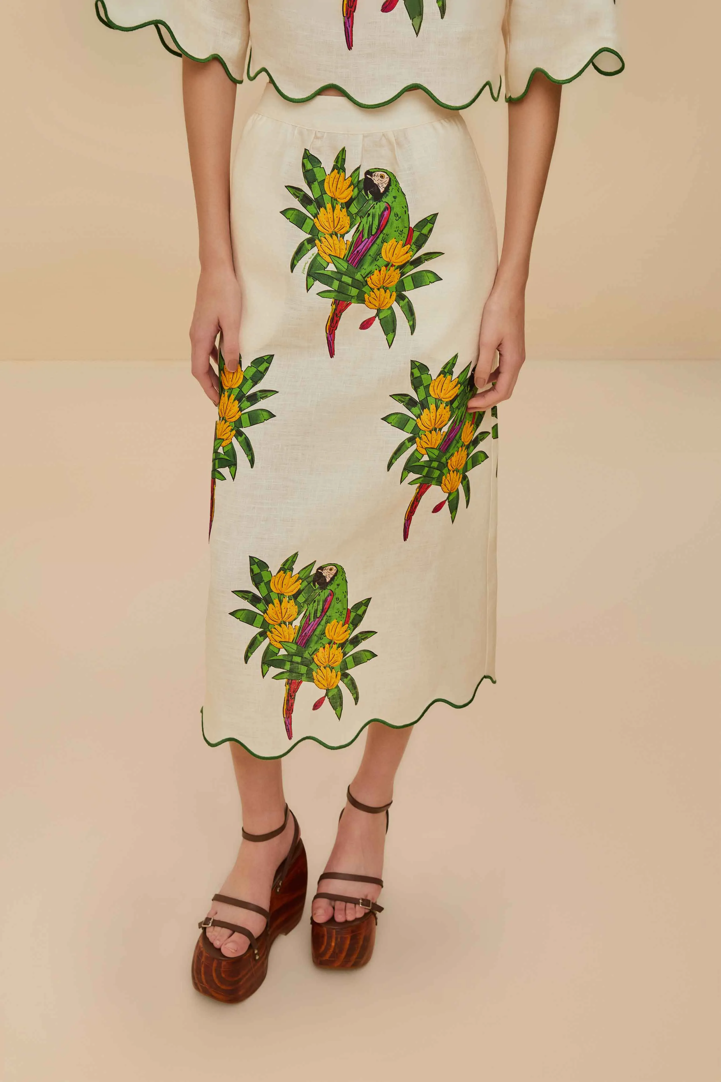 Versatile Fit Slip Resistant Waistband Off-White Maracana Bird Euroflax? Premium Linen Midi Skirt
