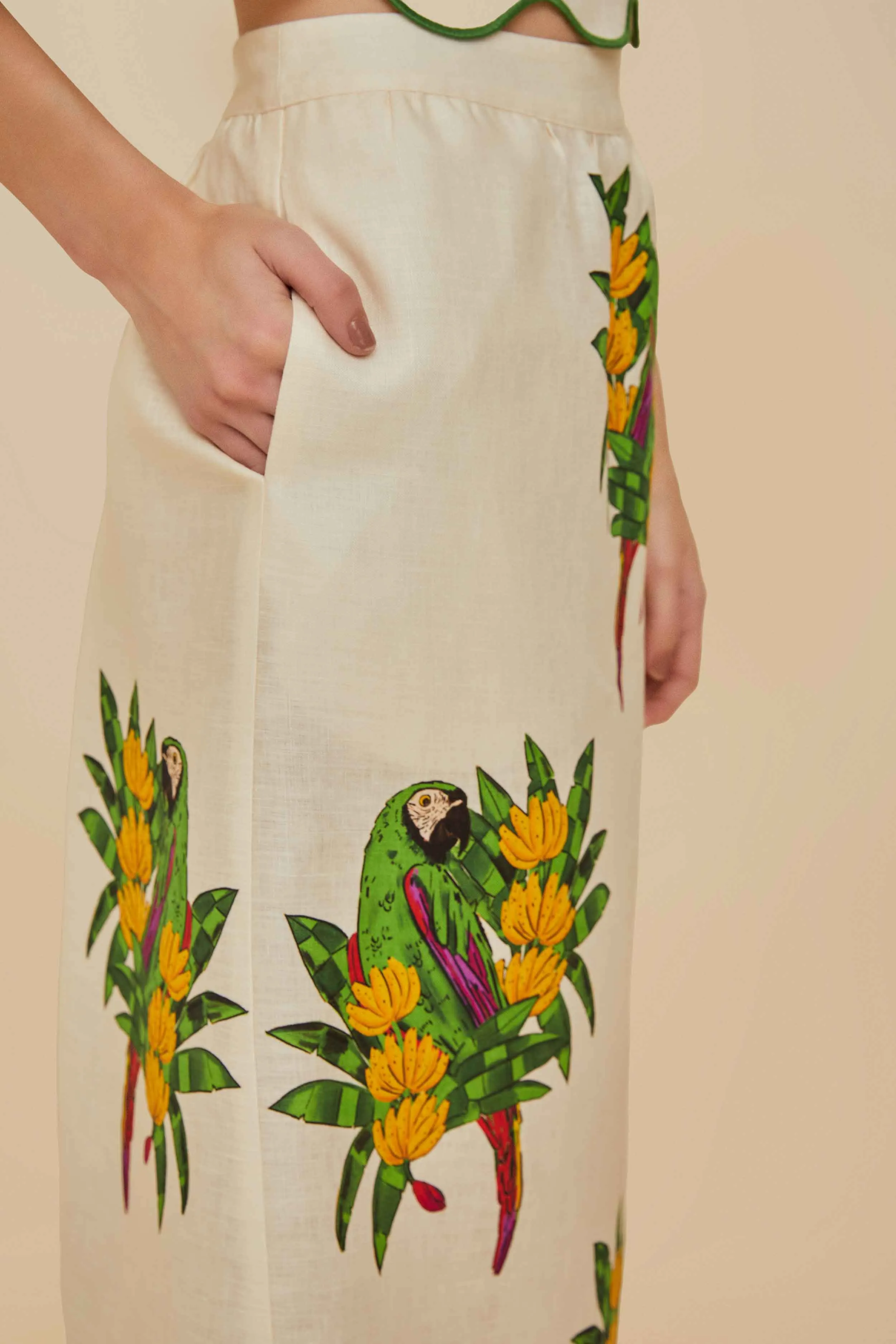 Unique Feature Off-White Maracana Bird Euroflax? Premium Linen Midi Skirt