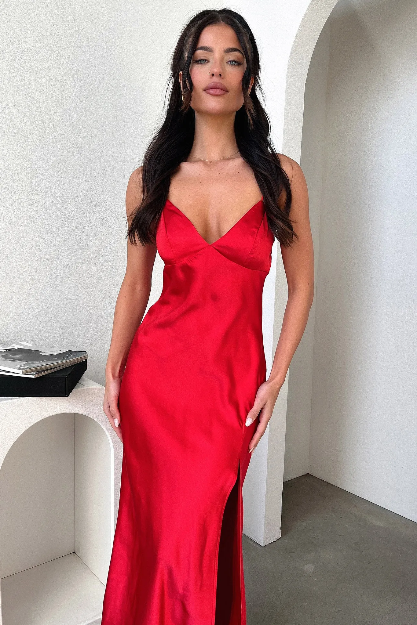 Jennifer Satin Maxi Dress - Red The sleek lines of this maxi dress create a flattering and elegant look for any event With its versatile length this maxi dress can be styled in a variety of ways for different occasions