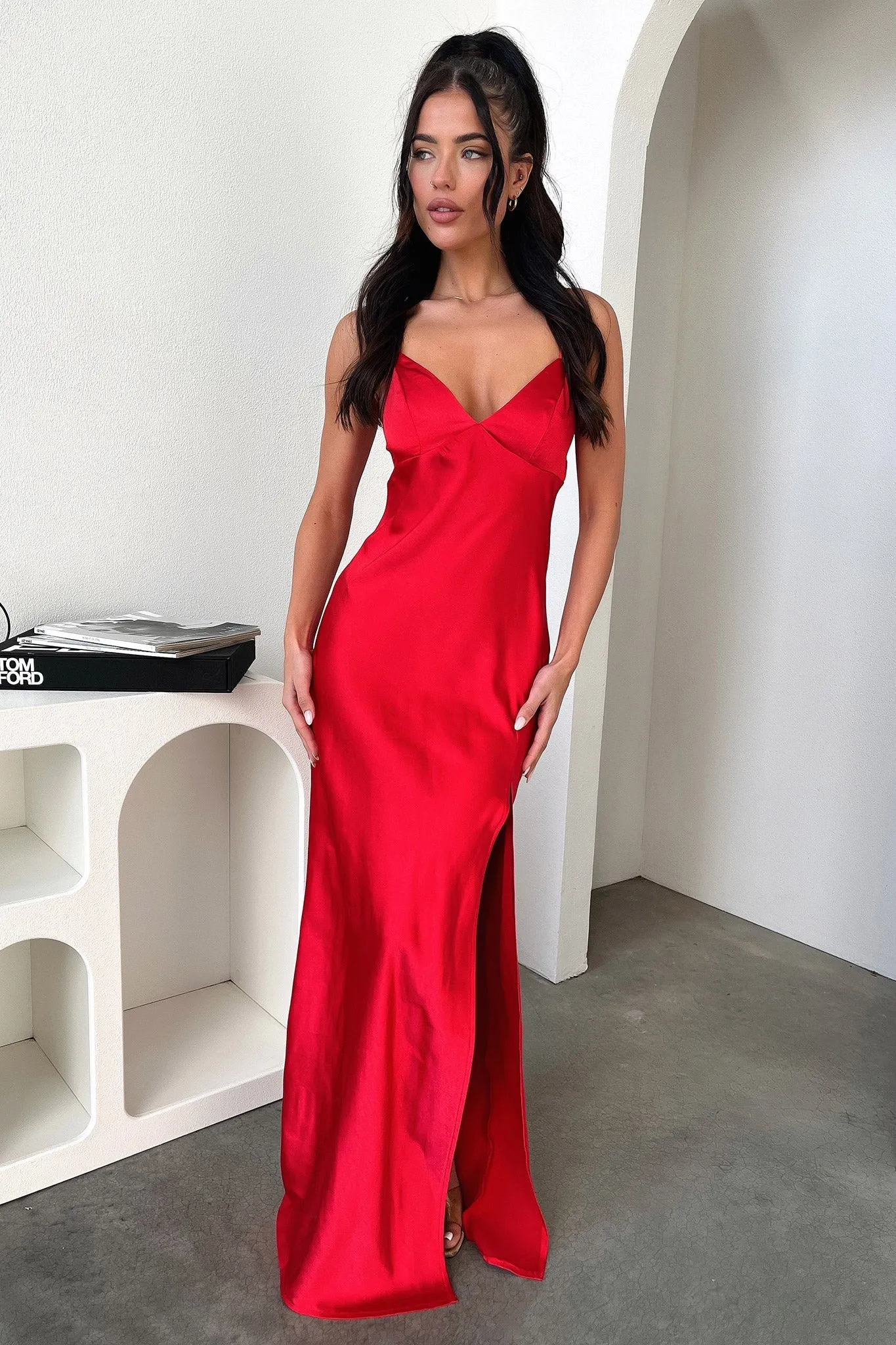 Jennifer Satin Maxi Dress - Red Relaxed fit summer gown Ideal for both warm and cool weather this dress is a year-round wardrobe staple