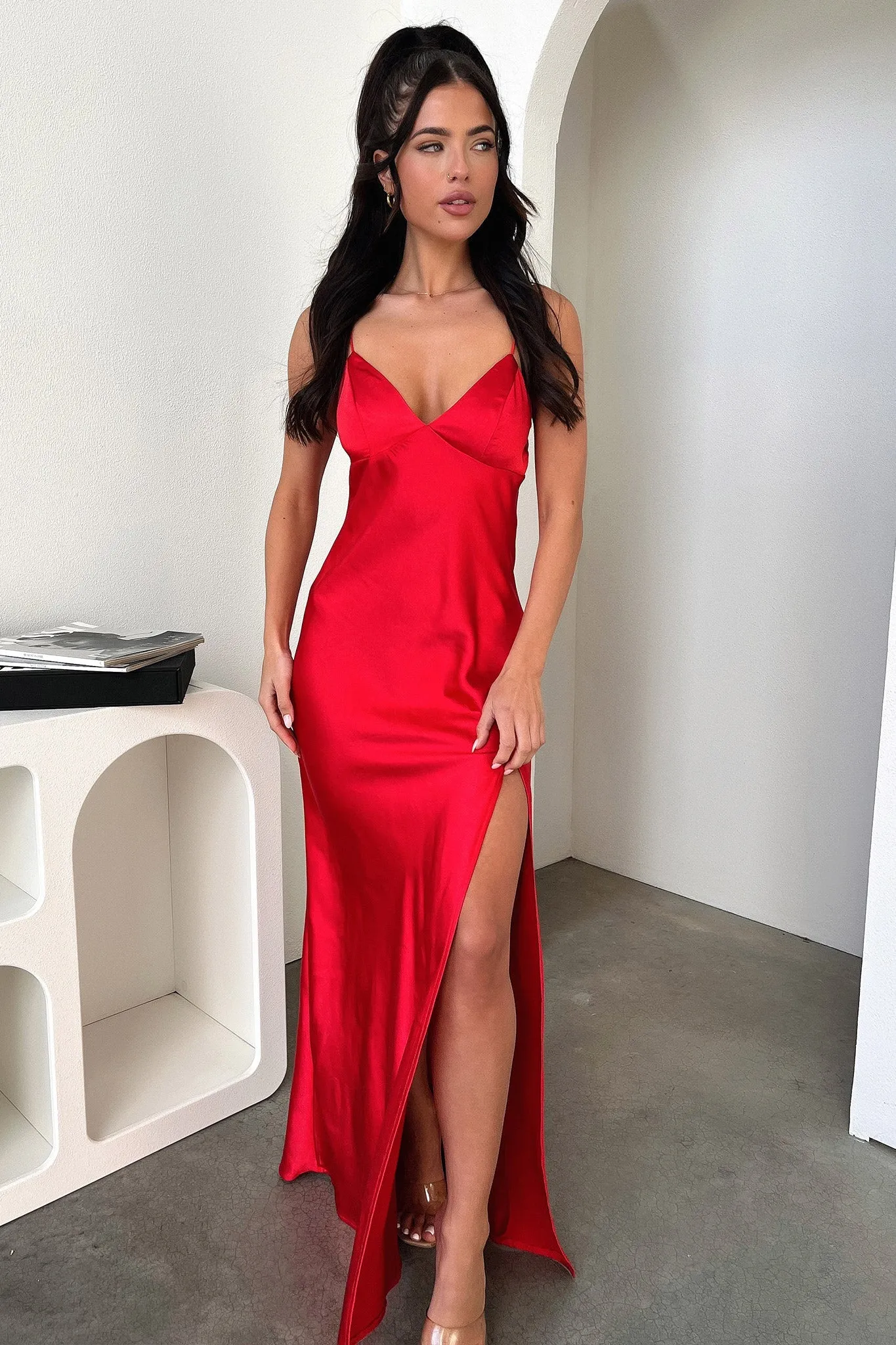 Jennifer Satin Maxi Dress - Red Mesh Glow Off Shoulder