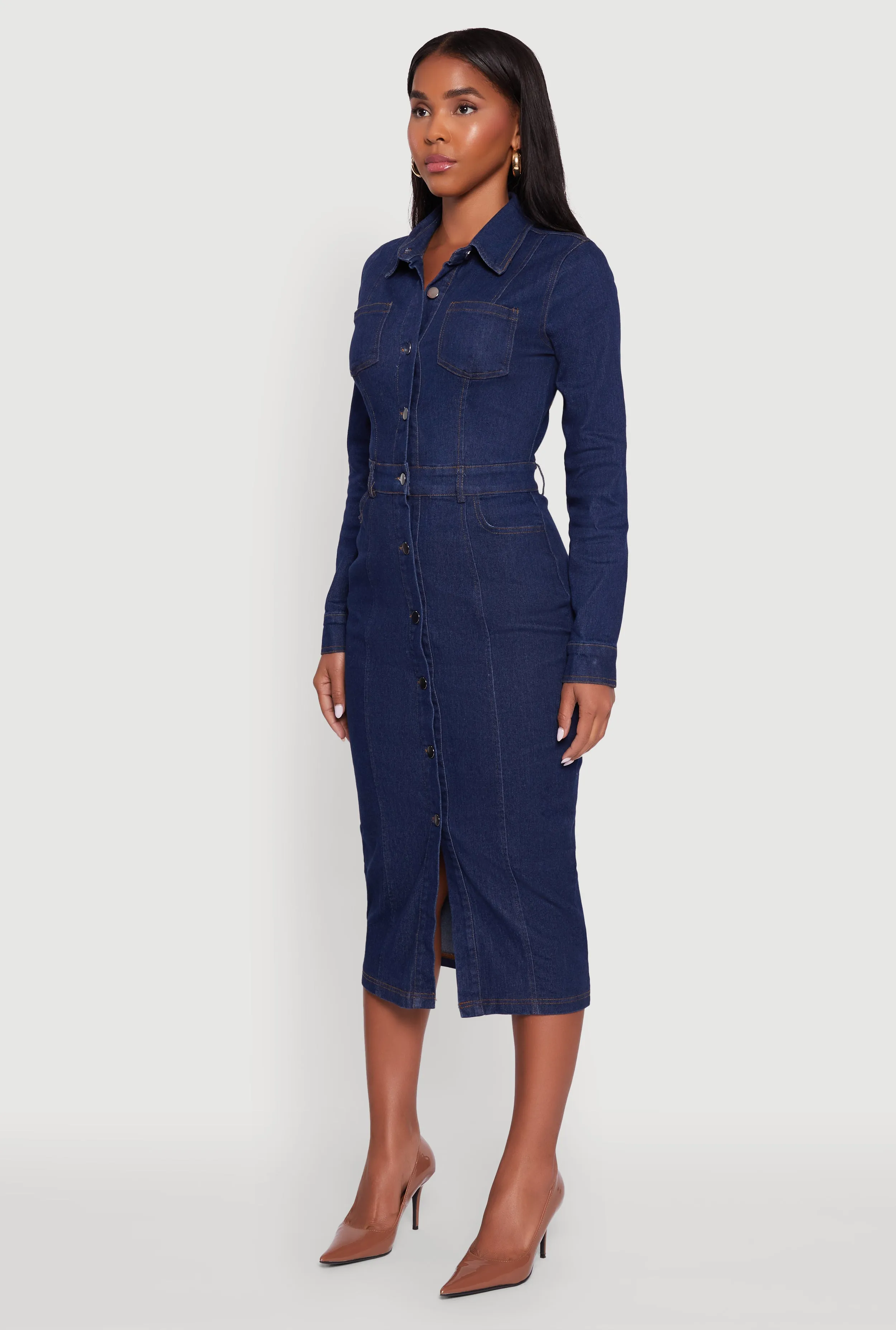 Daily Smart Denim Button Front Long Sleeve Shirt Dress
