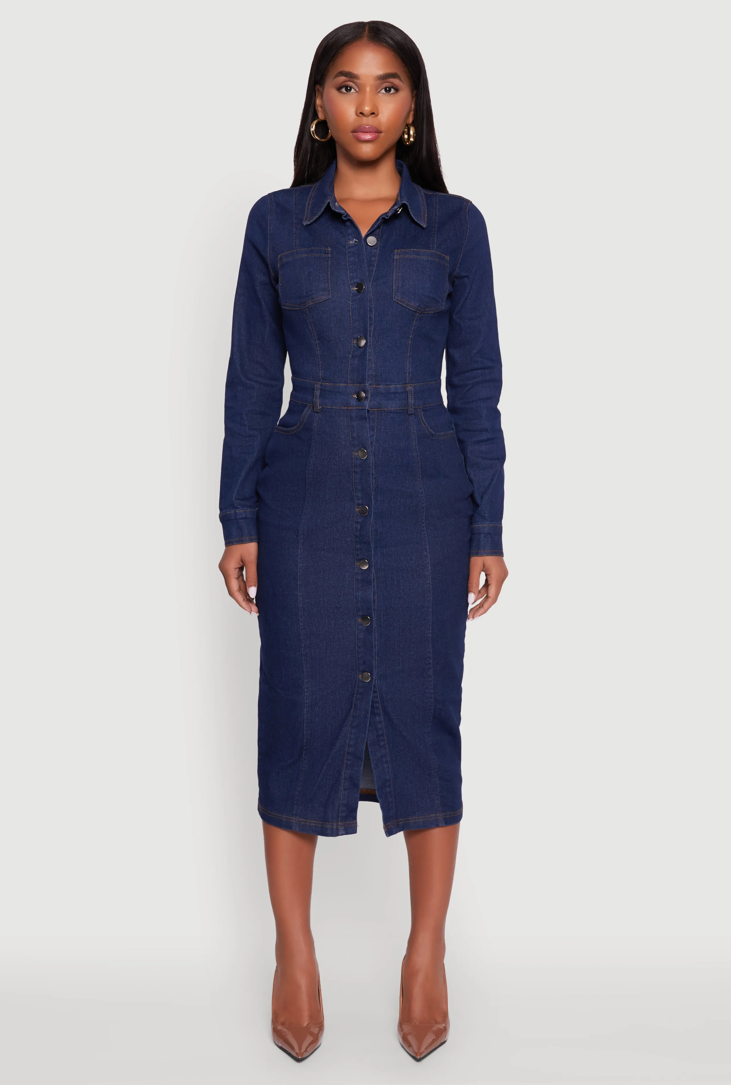 Denim Button Front Long Sleeve Shirt Dress Polished Design Classy Look