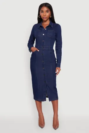 Denim Button Front Long Sleeve Shirt Dress chic aesthetic Leaf Song