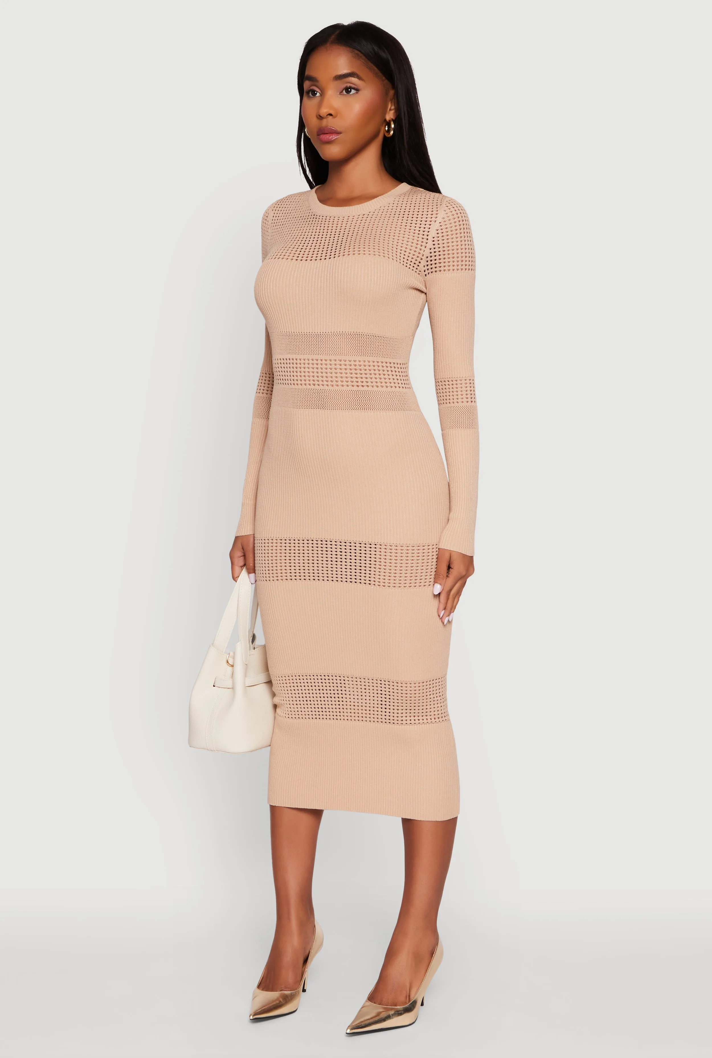 Crochet Detail Long Sleeve Bodycon Sweater Dress Elegant Look