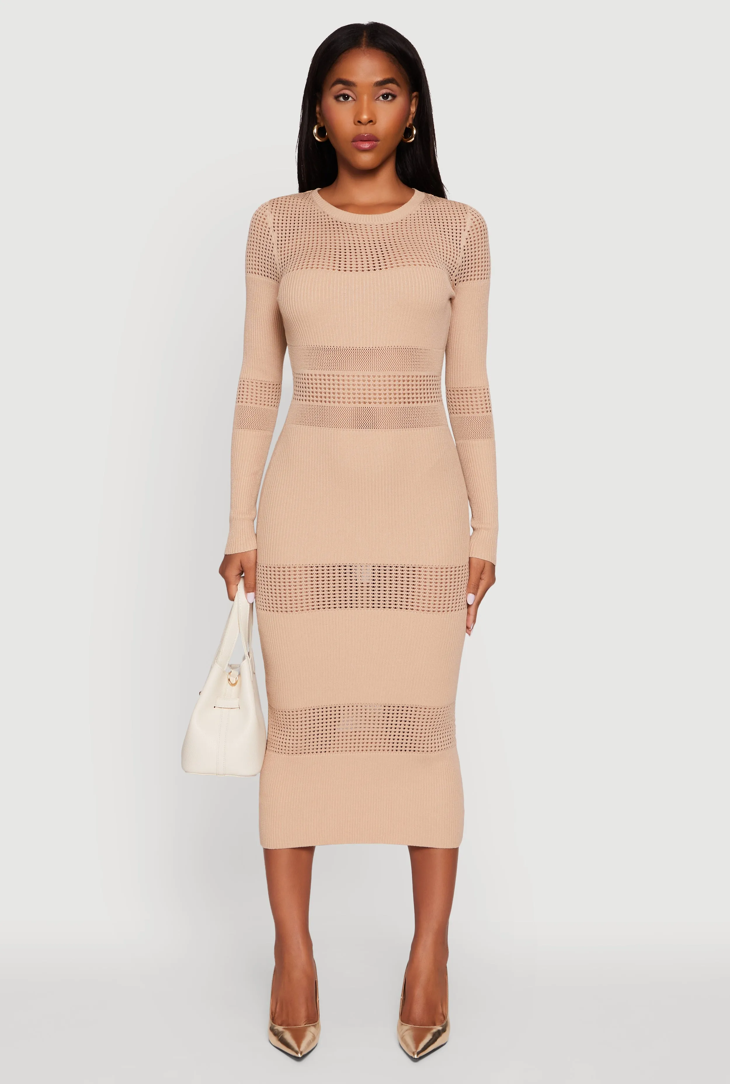 Crochet Detail Long Sleeve Bodycon Sweater Dress Relaxed Comfort