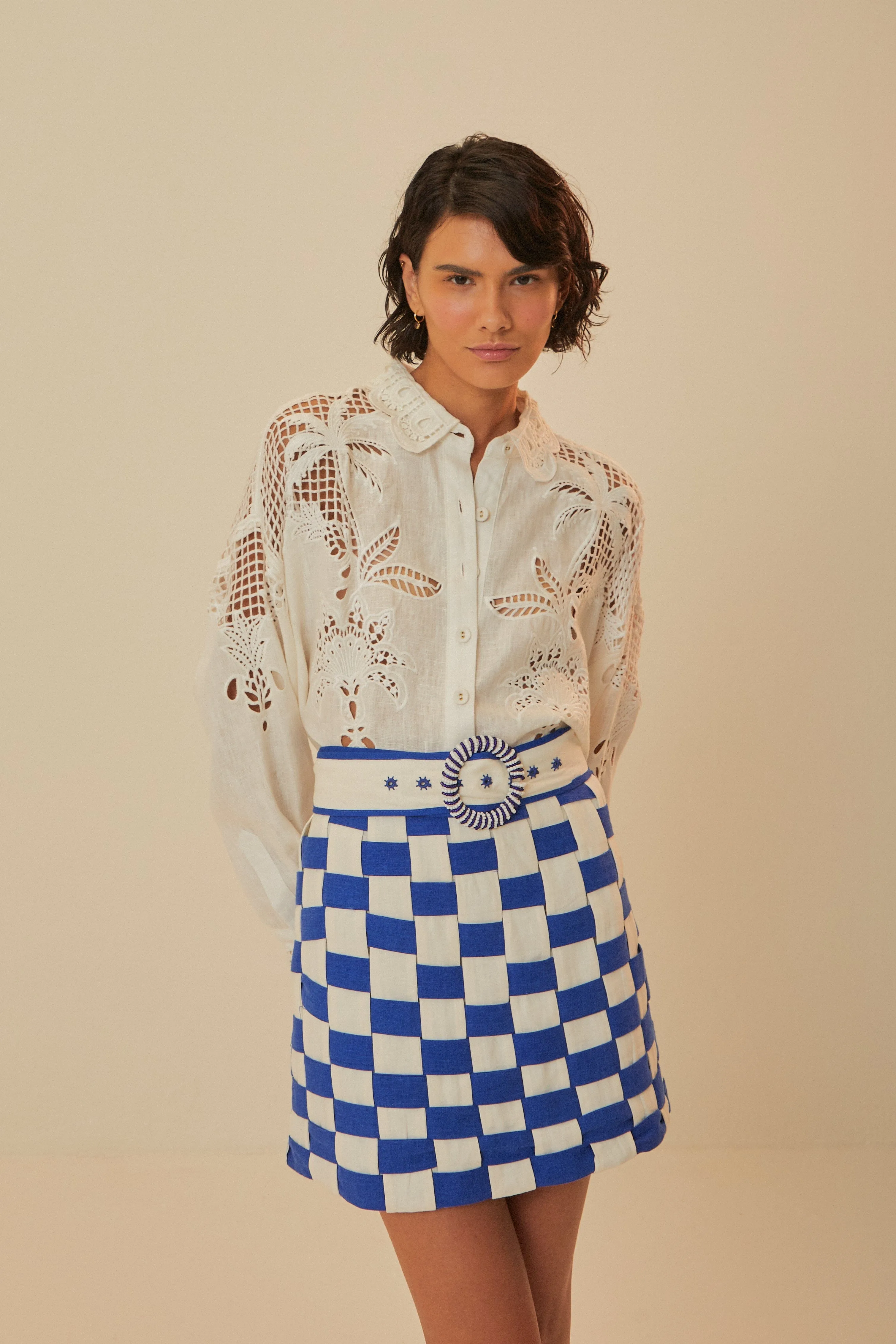 Bicolor Interweaving Euroflax? Premium Linen Mini Skirt Light Edge Fold Over Detail