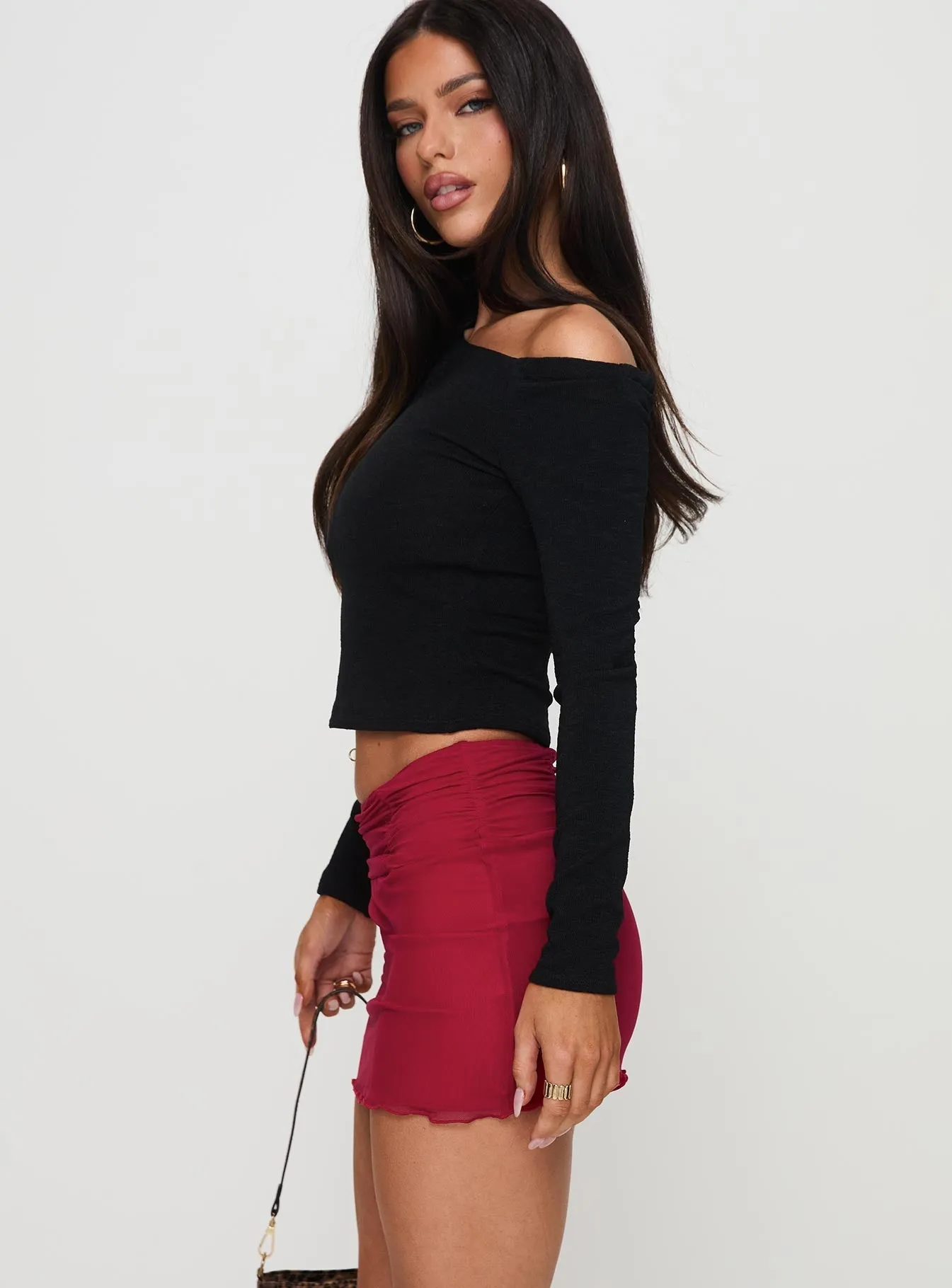 Laser Cut Edges Meredith Ruched Mini Skirt Red