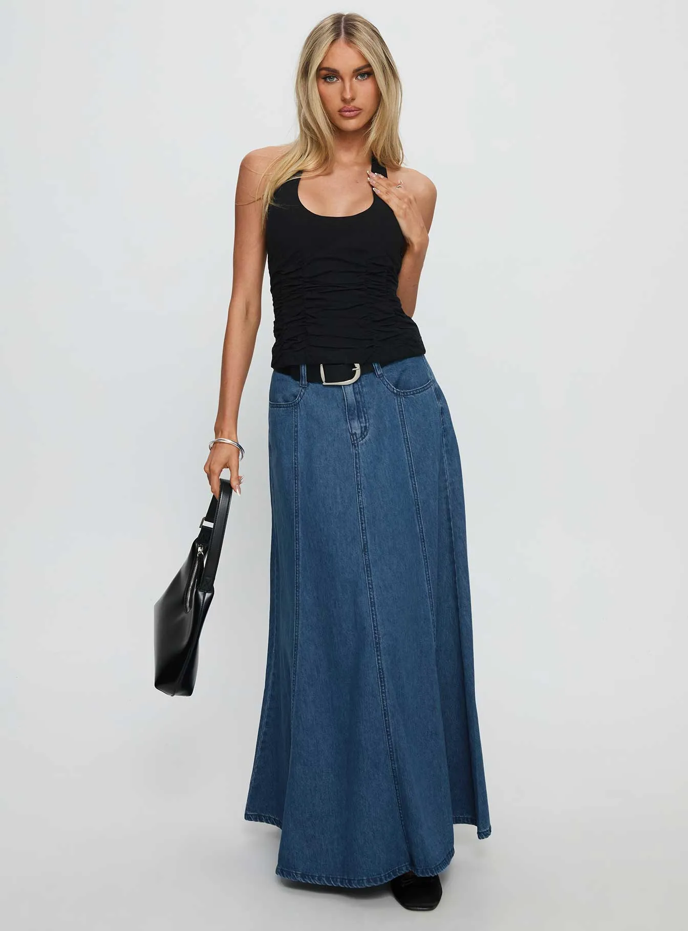 Charleigh Soft Pleat Denim Maxi Skirt Mid Blue Wash Daily Favorite
