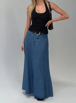 Chill Mood Charleigh Soft Pleat Denim Maxi Skirt Mid Blue Wash
