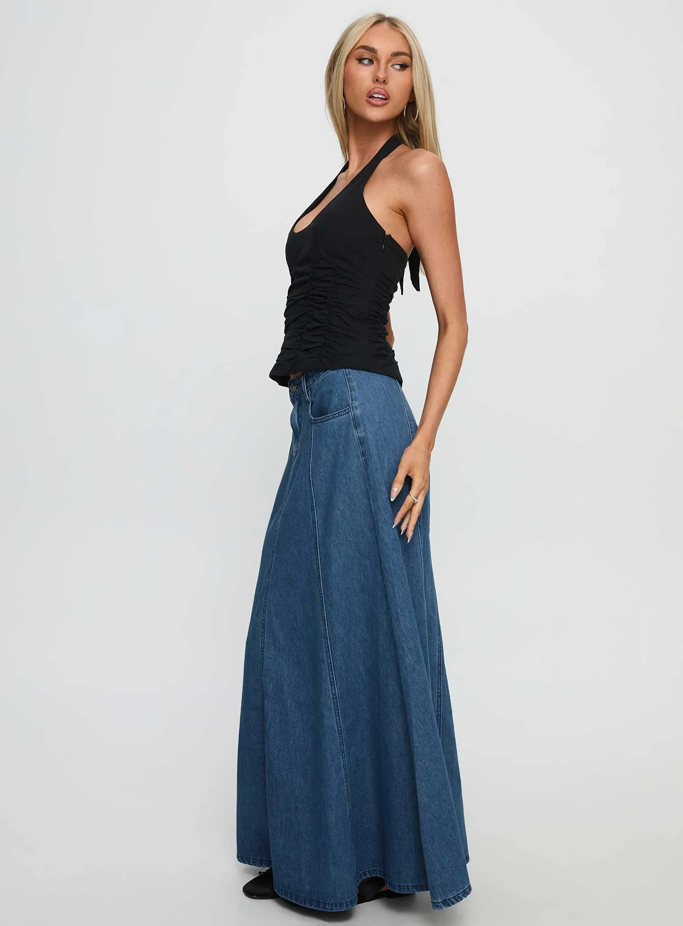 Charleigh Soft Pleat Denim Maxi Skirt Mid Blue Wash Low Maintenance Fabric