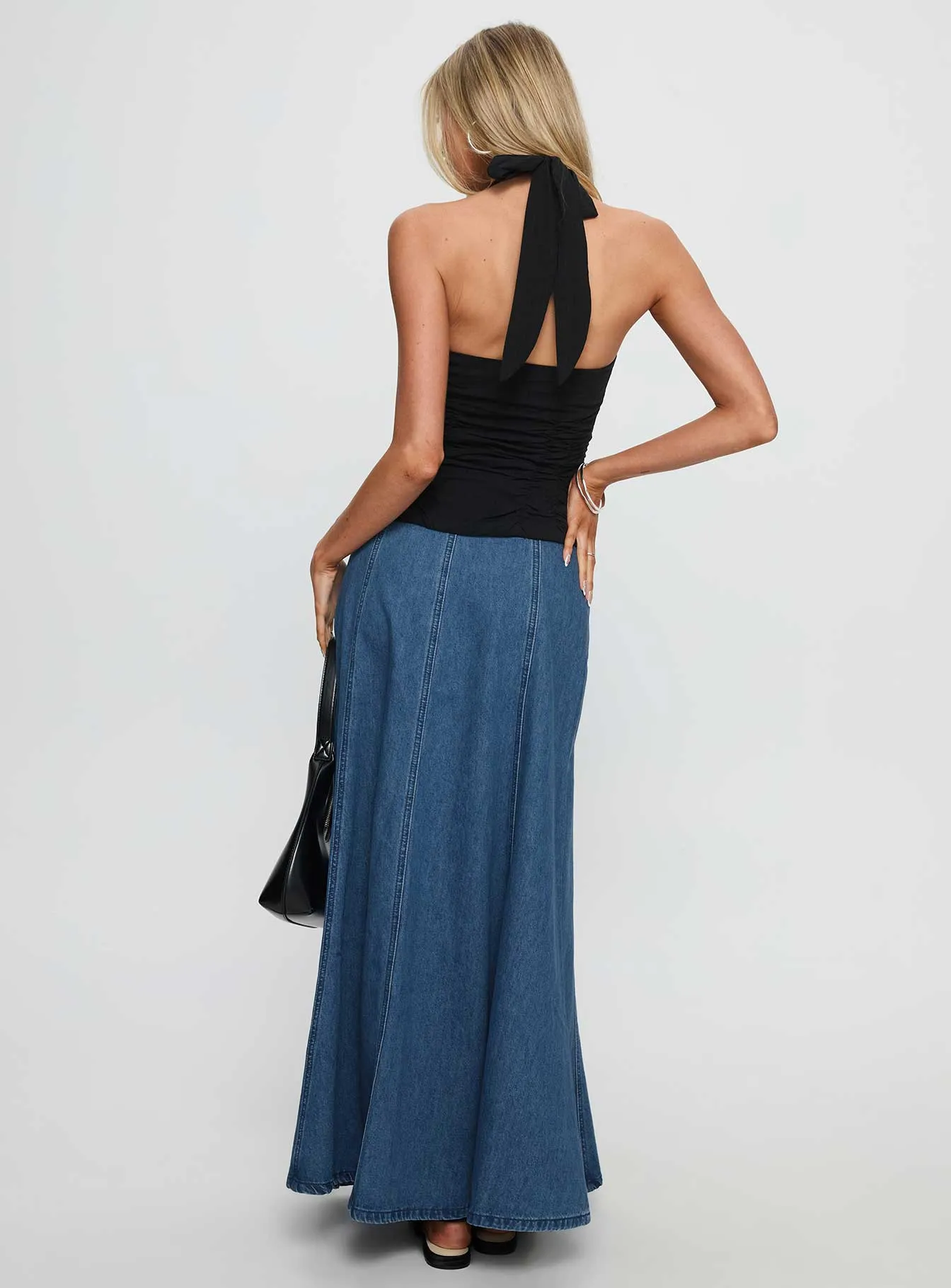 Charleigh Soft Pleat Denim Maxi Skirt Mid Blue Wash Global Inspiration