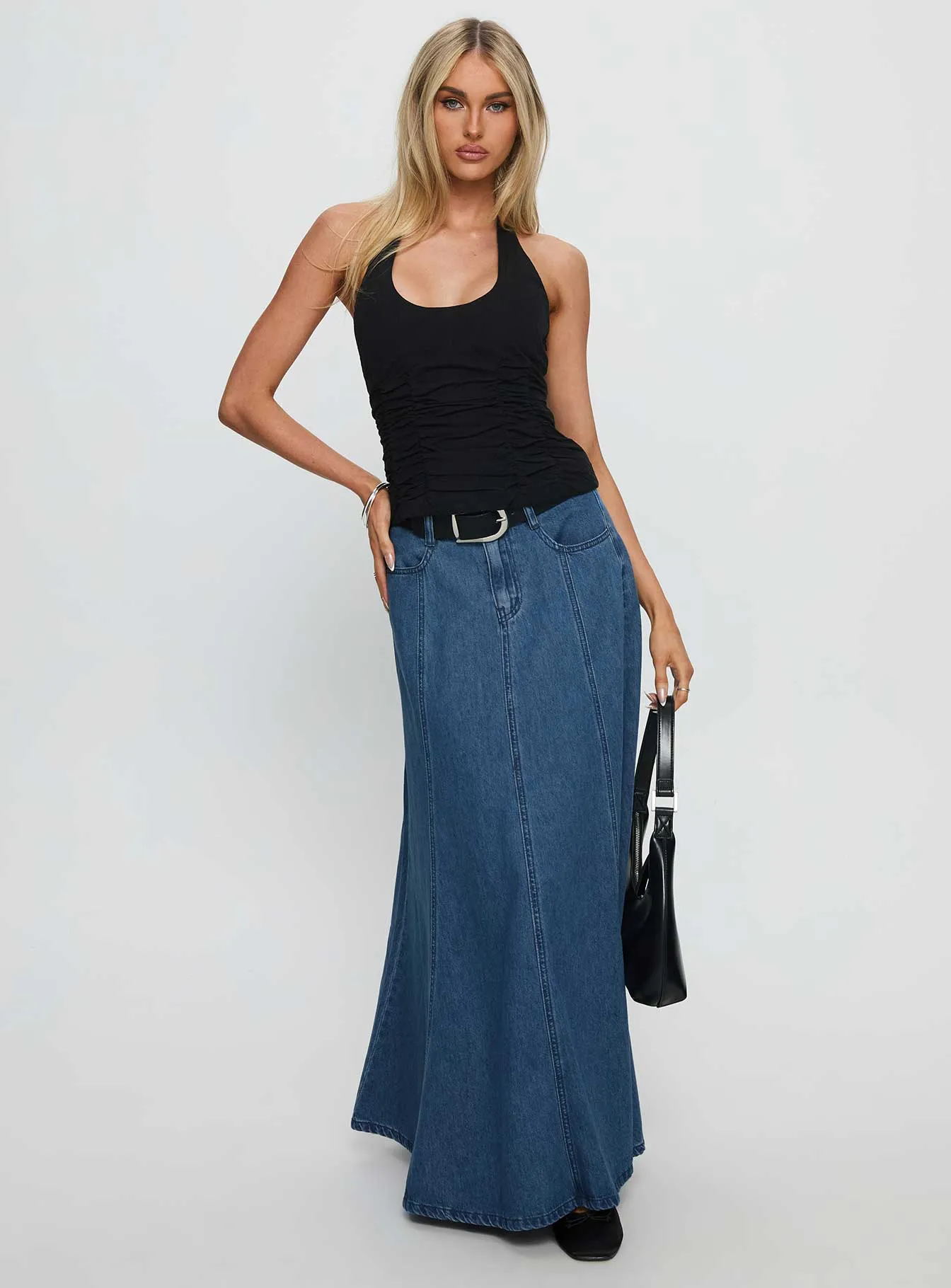 Style Staple Polished Cut Charleigh Soft Pleat Denim Maxi Skirt Mid Blue Wash
