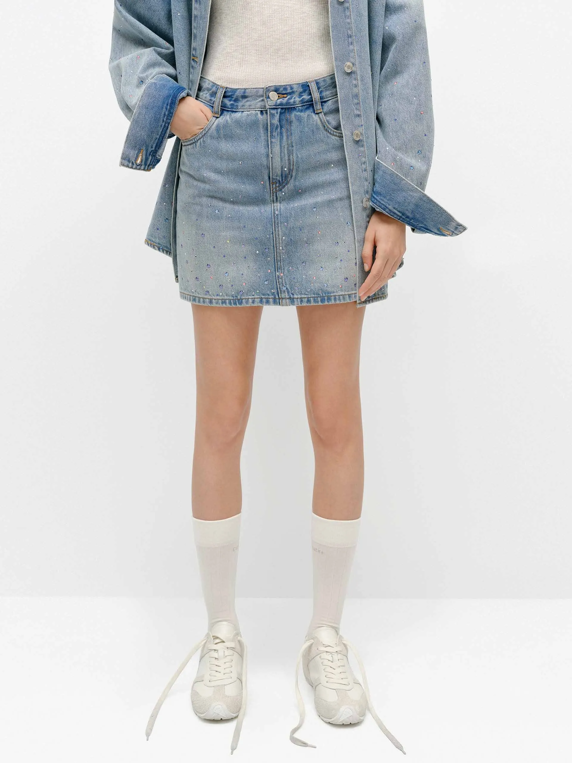 Crystal Detail Denim Skirt ruffle trim Mall Brand Look