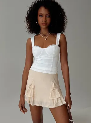 Crisscross Back Foalie Ruffle Mini Skirt Beige