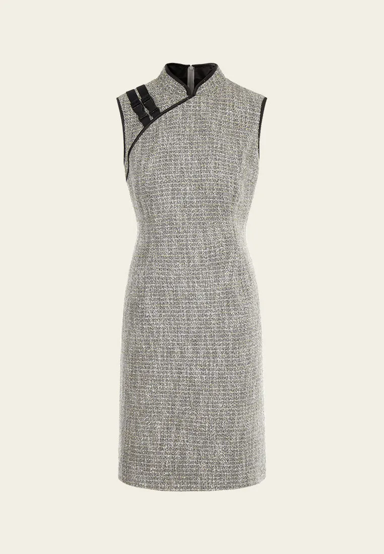Buckle-detail Lurex Tweed Qipao british retro