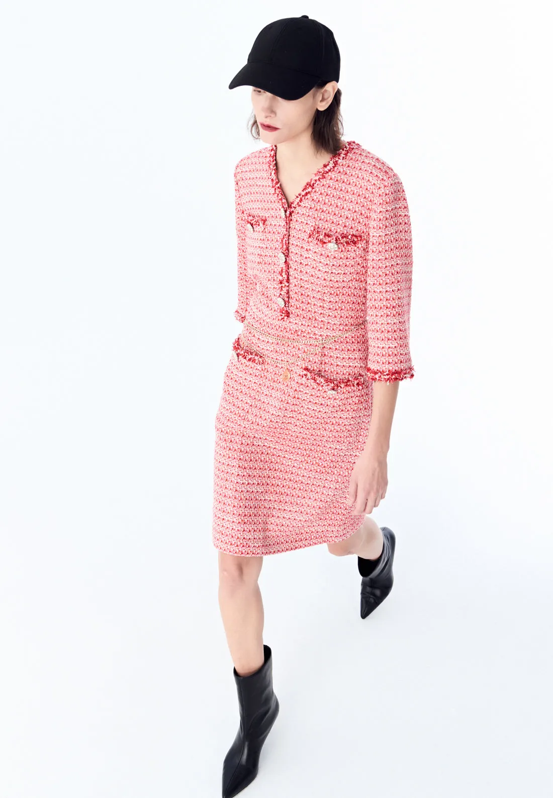 SplitHemDesign Myth Soul Signature Red V-neck Tweed Midi Dress