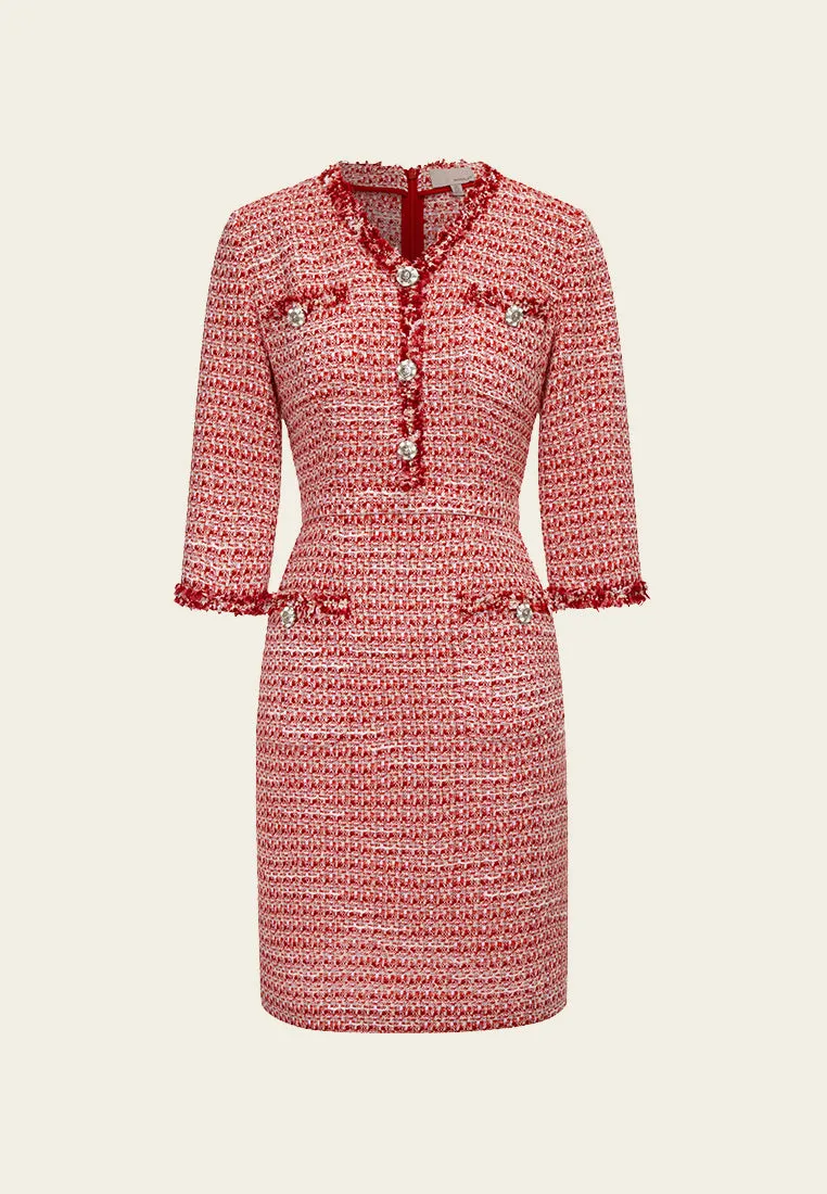Signature Red V-neck Tweed Midi Dress ThermalRegulatingFabric