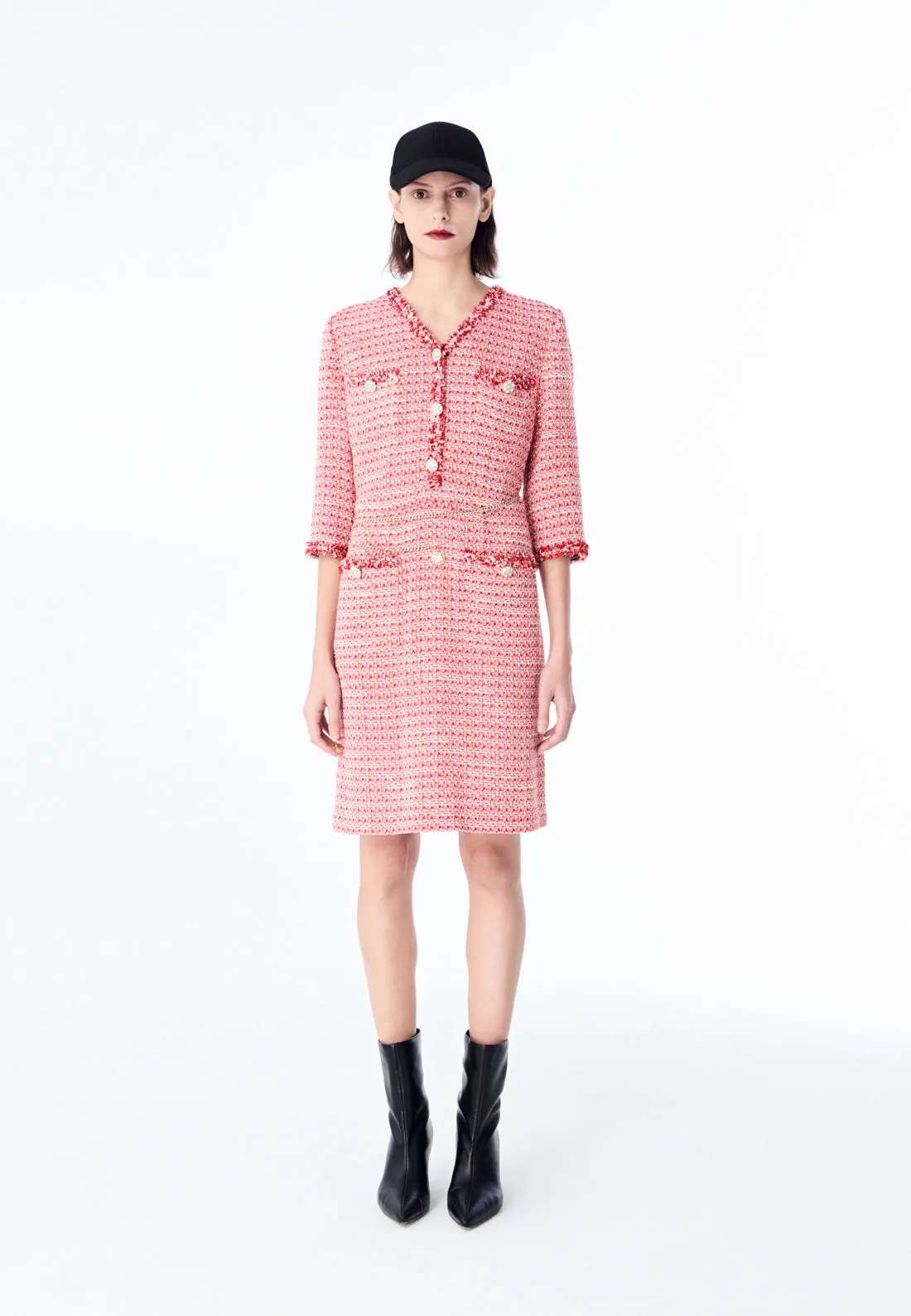 Signature Red V-neck Tweed Midi Dress Ergonomic Pattern Lake Mood