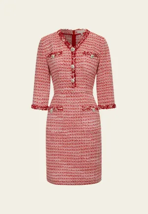 Signature Red V-neck Tweed Midi Dress ThermalRegulatingFabric