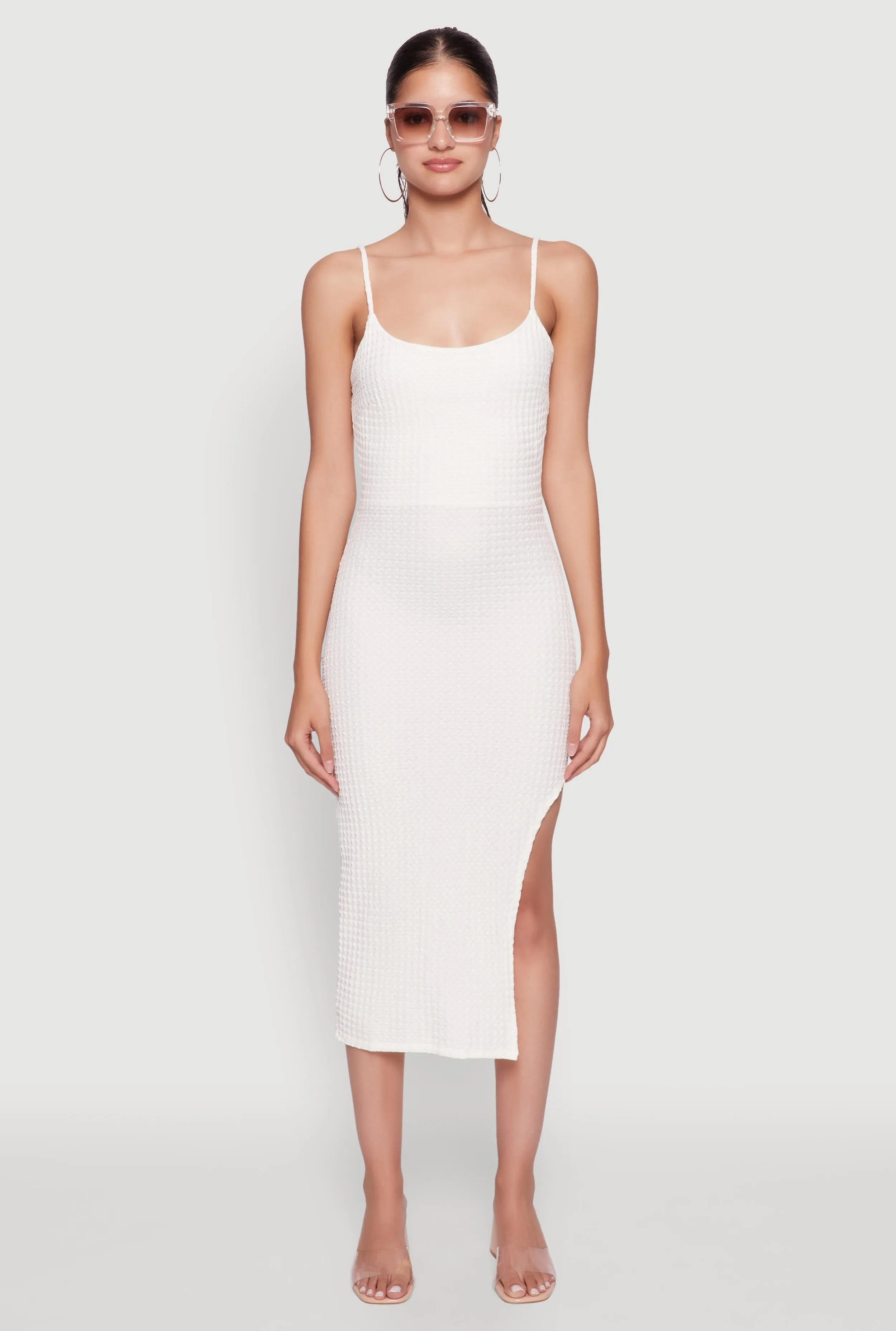 Chic Textured Knit Scoop Neck Bodycon Dress with Side Slit Everyday midi for work Winter Layering