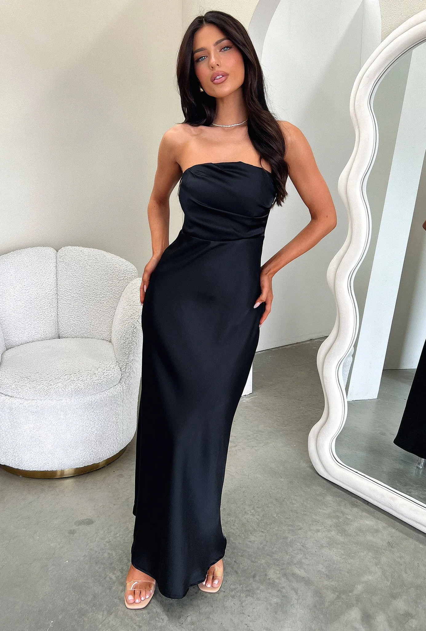 Happy Vibe Copper Glow Elio Strapless Satin Maxi Dress - Black